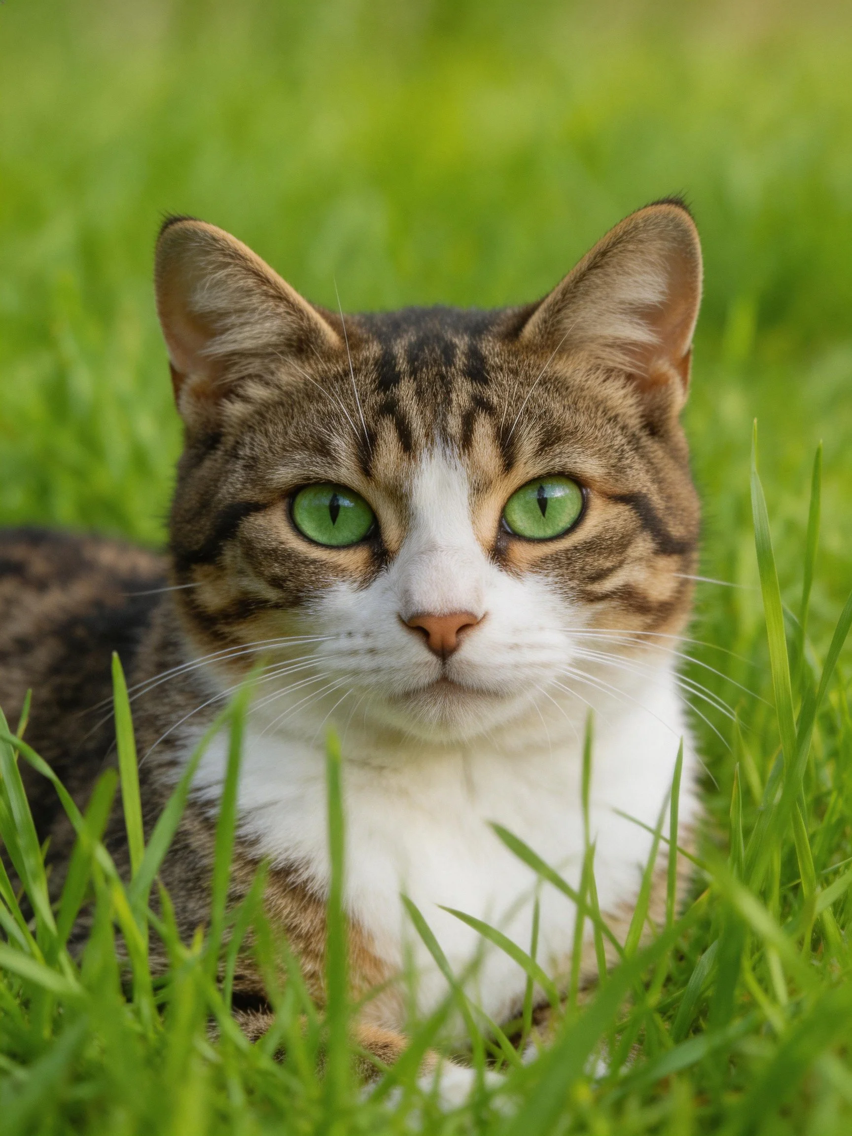 A tabby and white cat with green eyes relaxes among green grass.