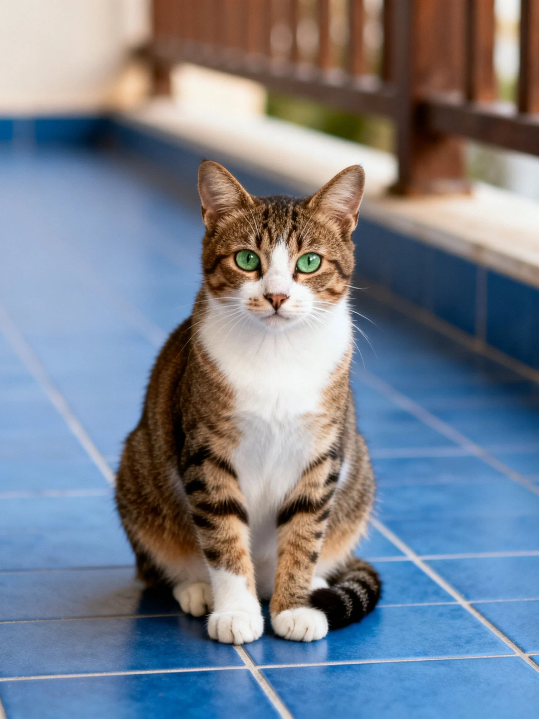 A brown and white tabby cat with green eyes sits on blue tiled flooring.