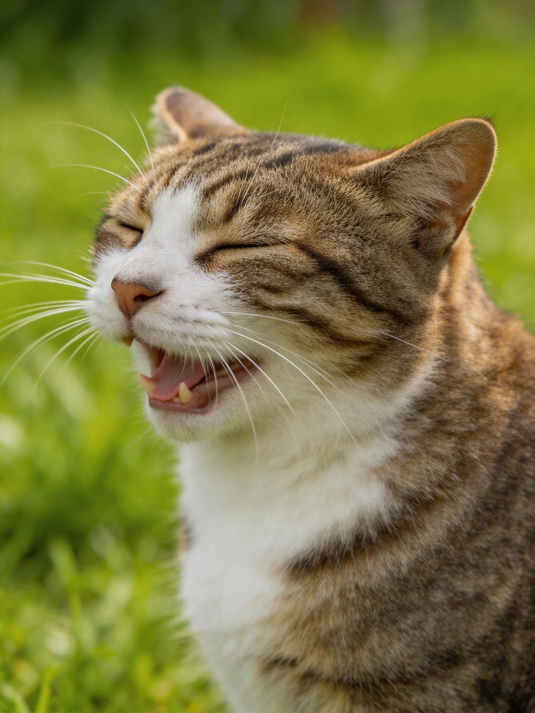 A brown and white tabby cat yawning amidst lush greenery