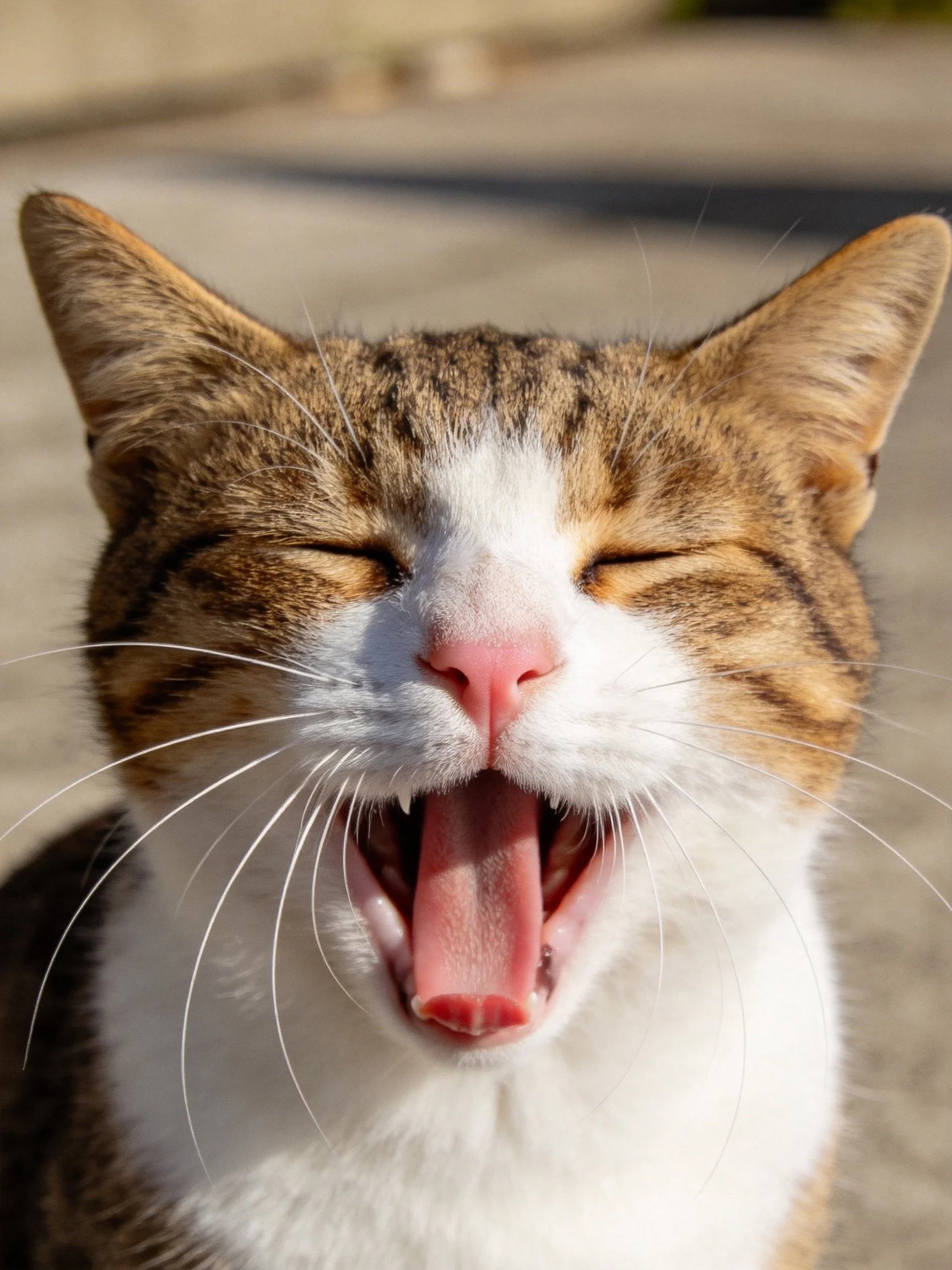 A brown and white tabby cat yawning with closed eyes