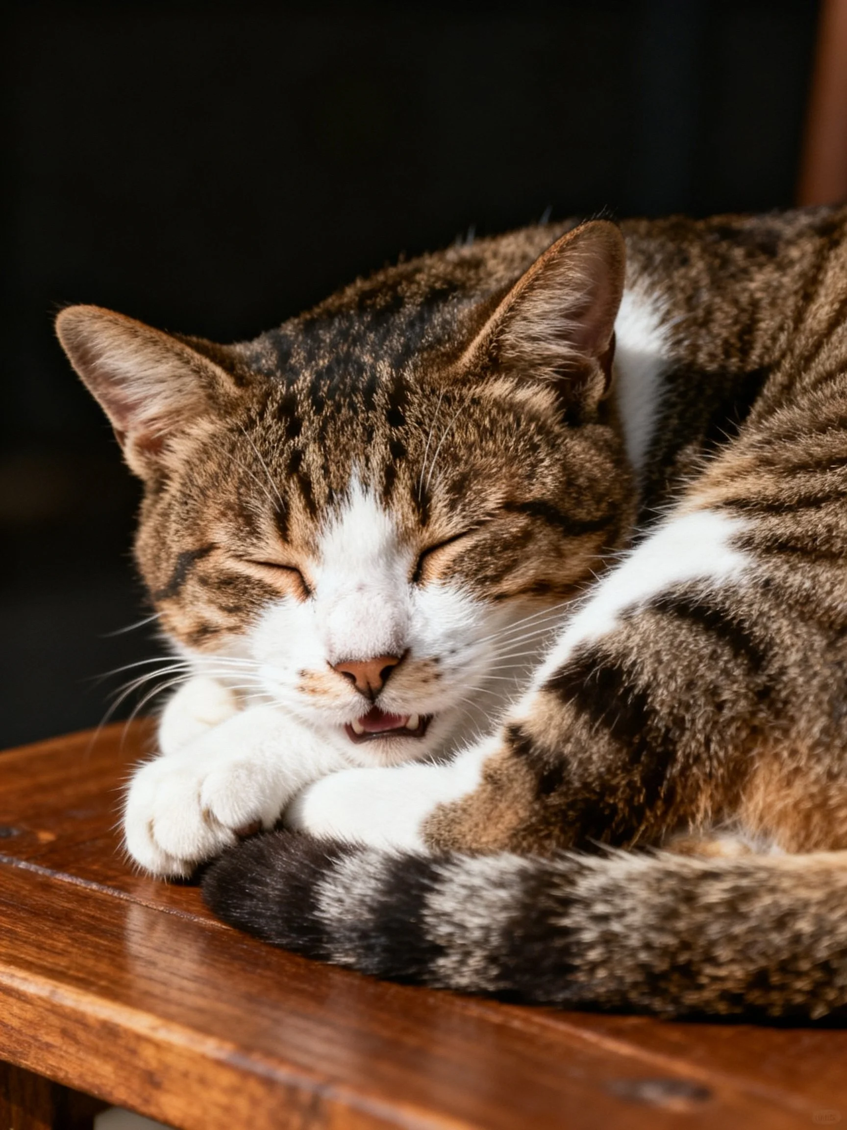 A tabby cat with closed eyes sleeps peacefully on a wooden surface.