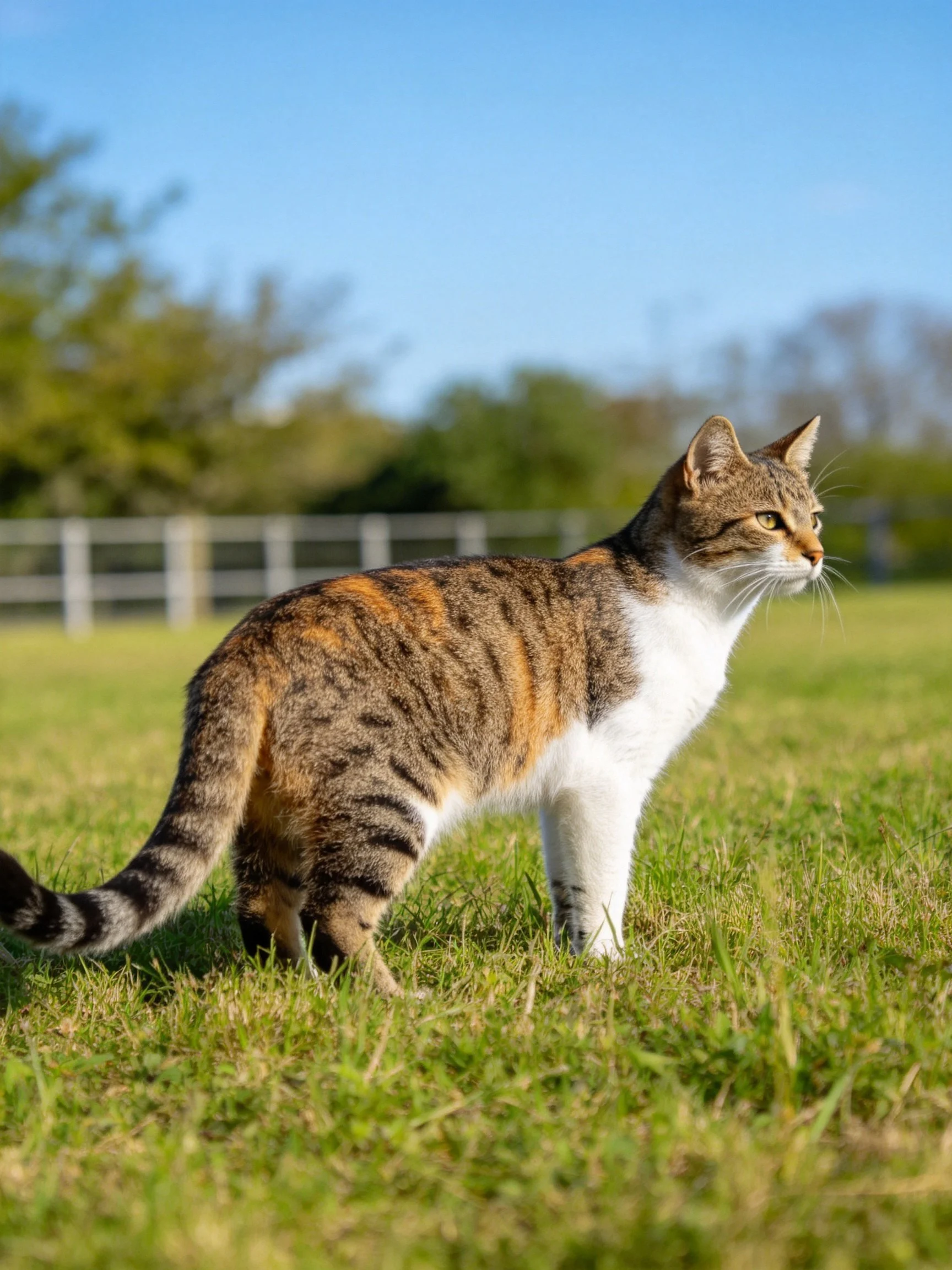 A tabby cat with mixed fur colors stands attentively in a grassy field.