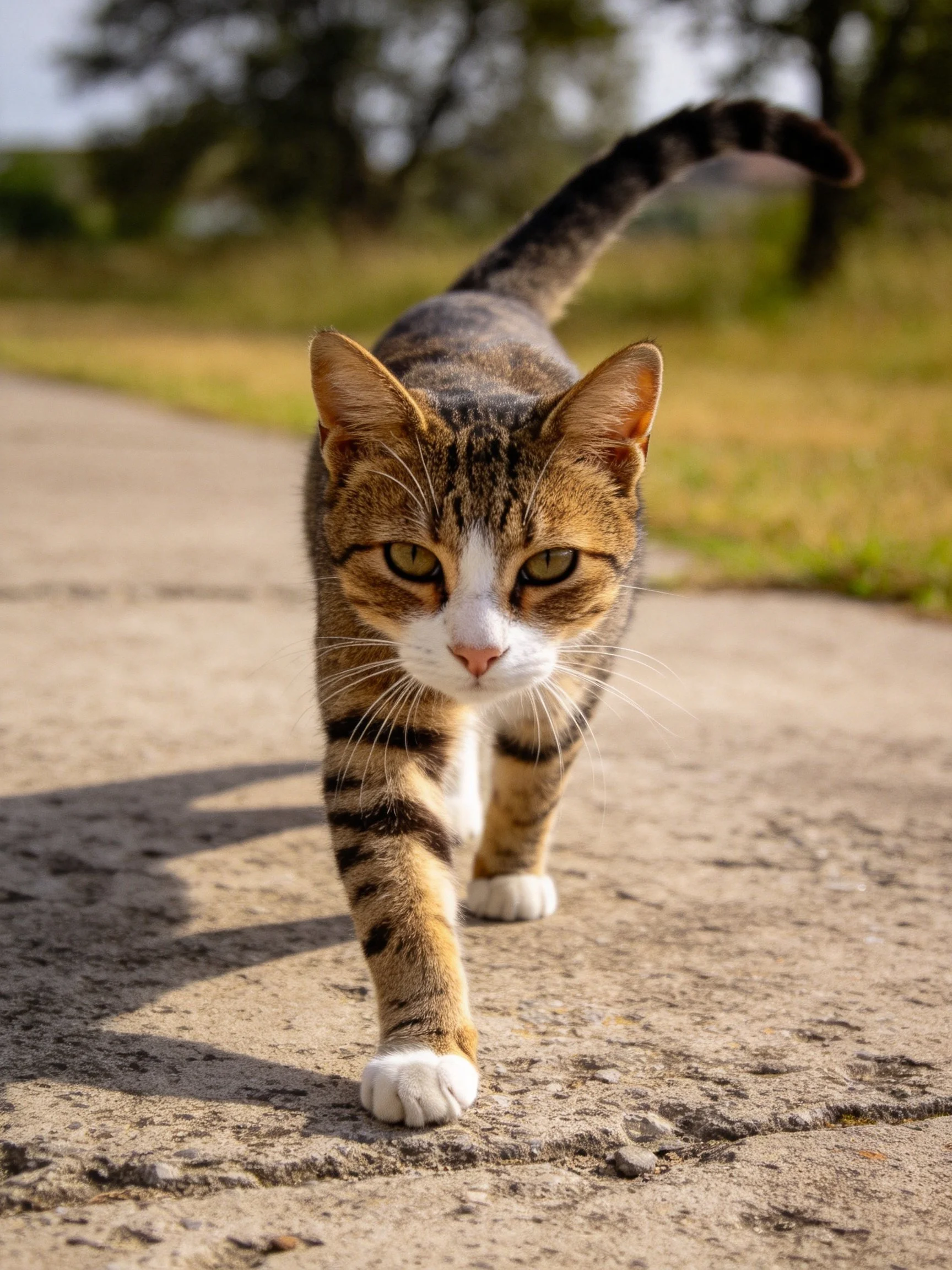 A tabby cat with brown, black, and white fur walks on a paved path.