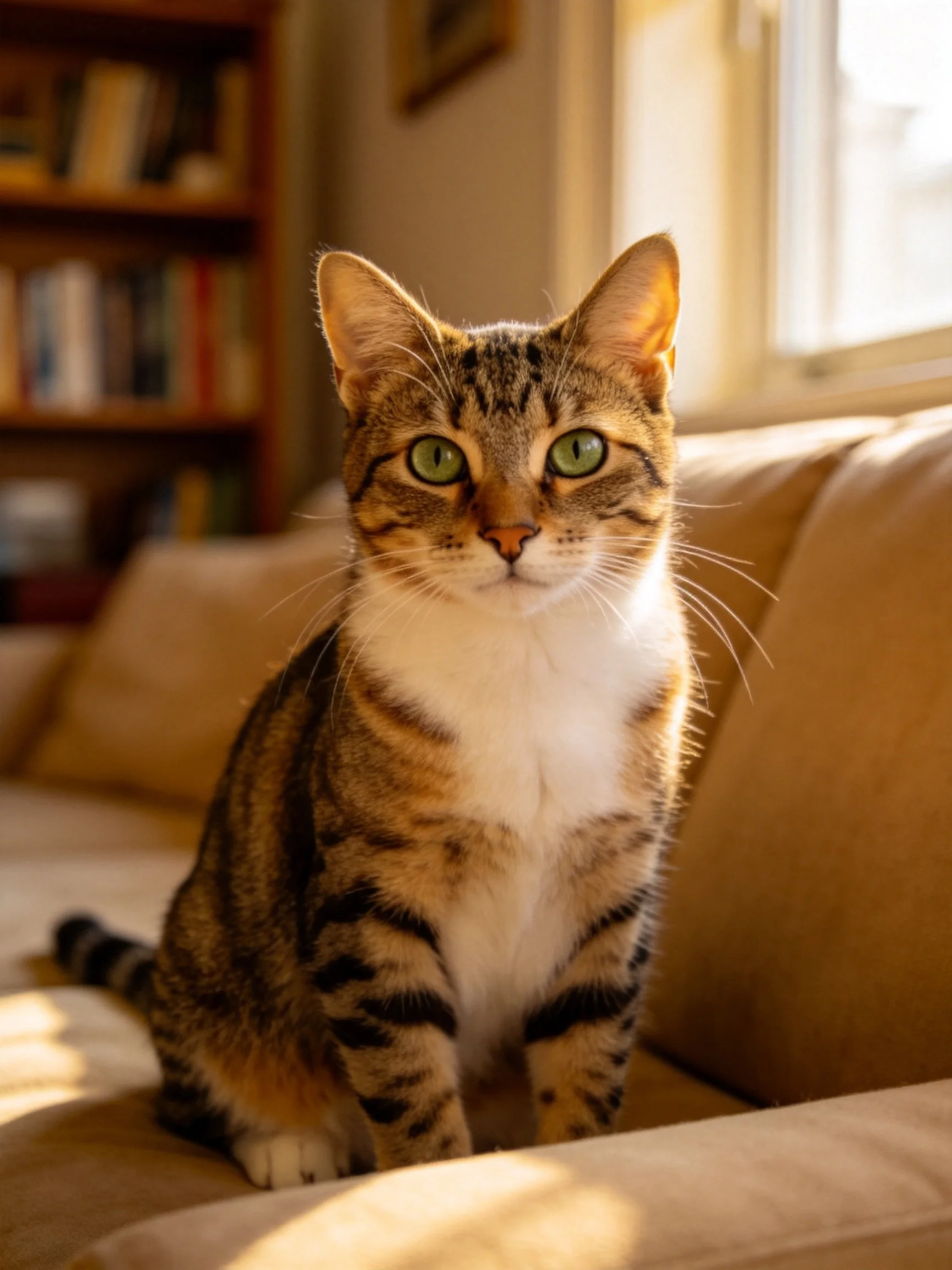 Tabby cat with green eyes sits on a beige couch in a sunlit room