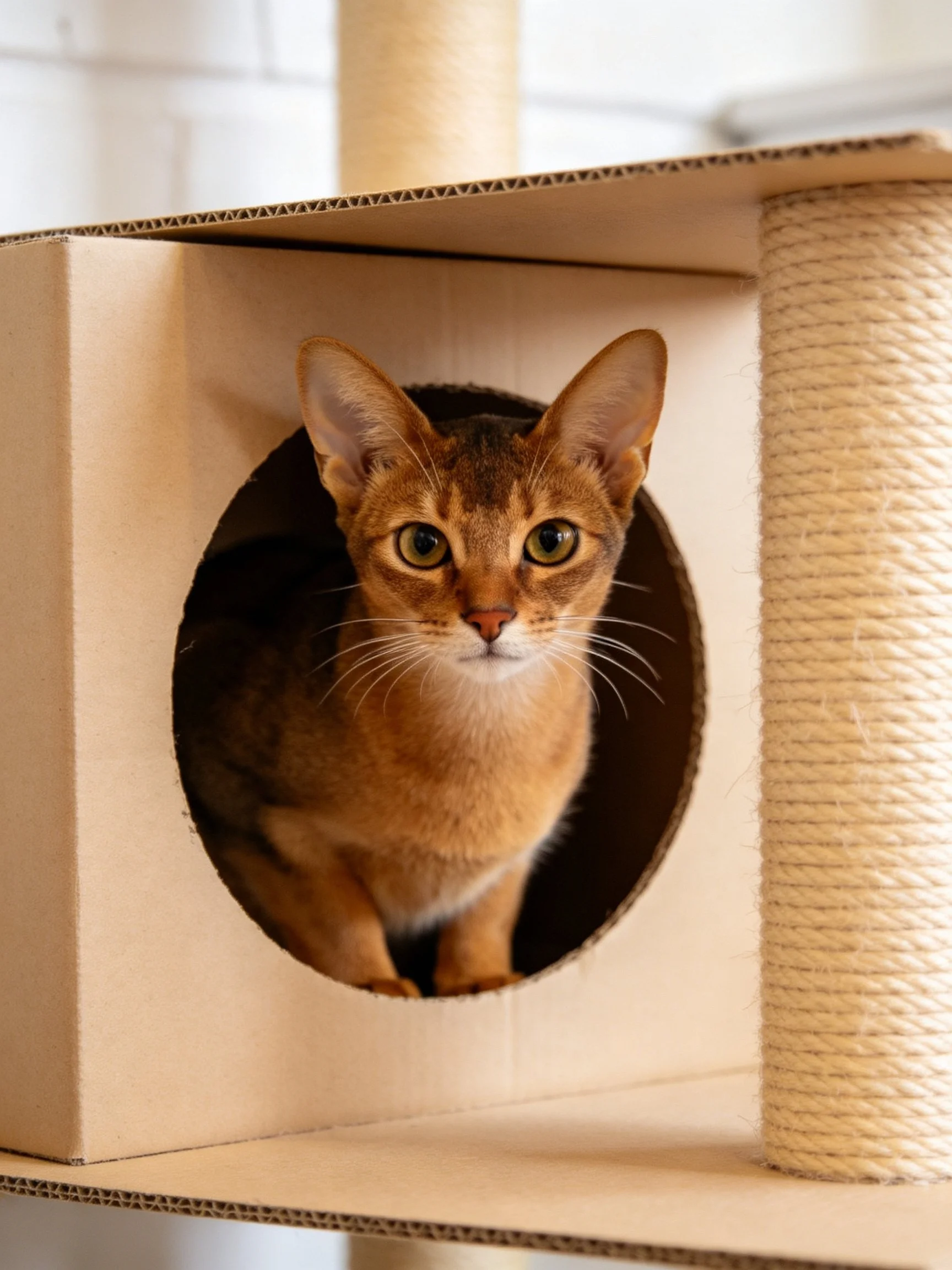 A brown cat peeks from a cardboard cat house with a rope post