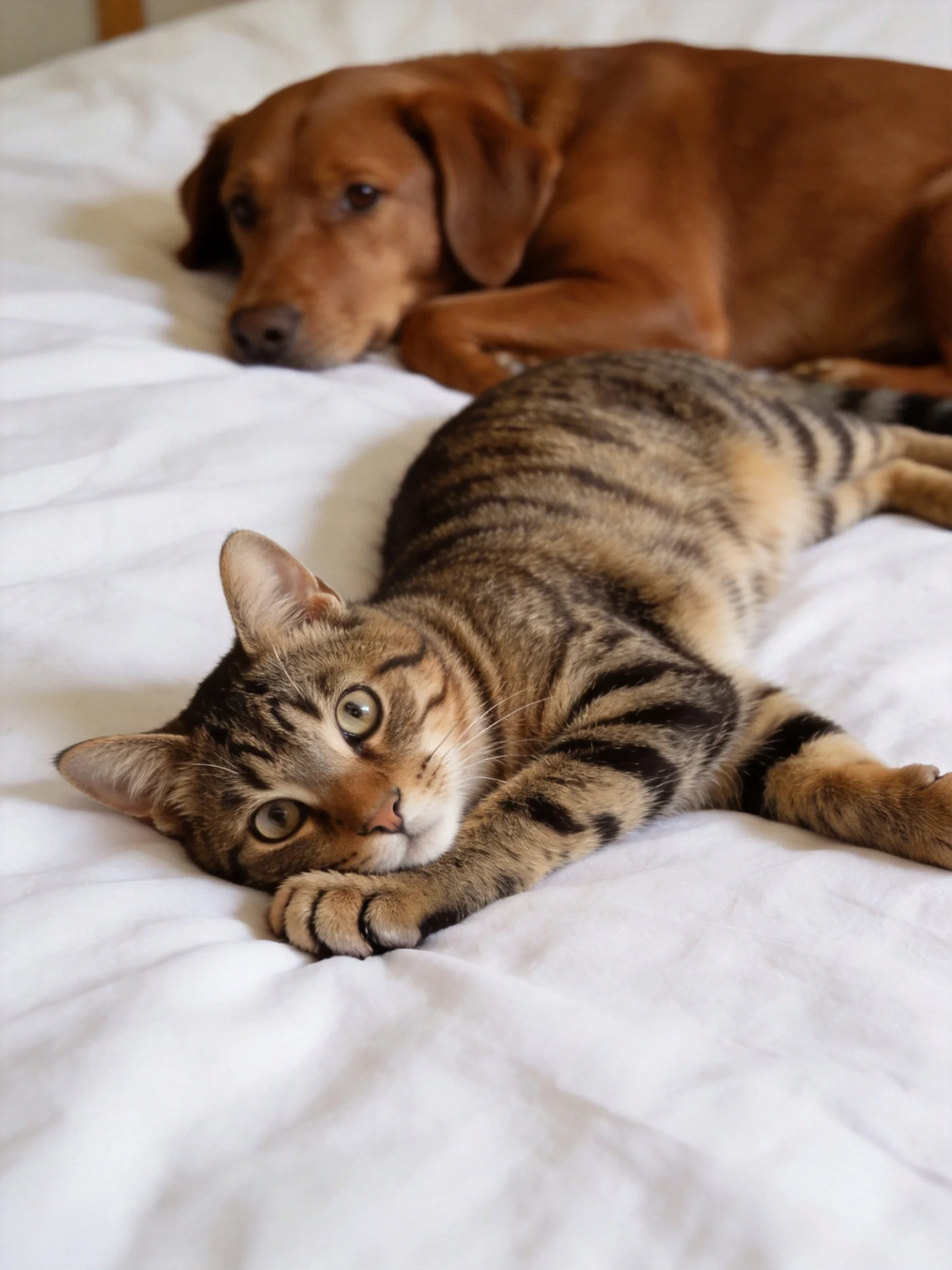 A brown dog rests behind a striped tabby cat on white sheets