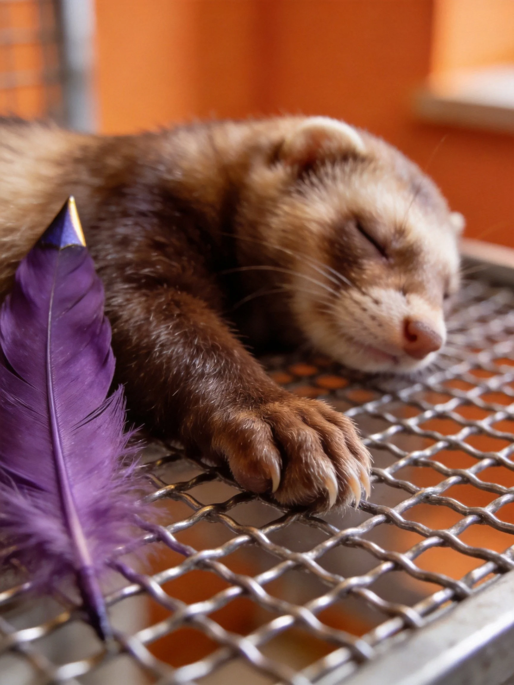A brown ferret sleeps beside a vibrant purple feather on a metal grid