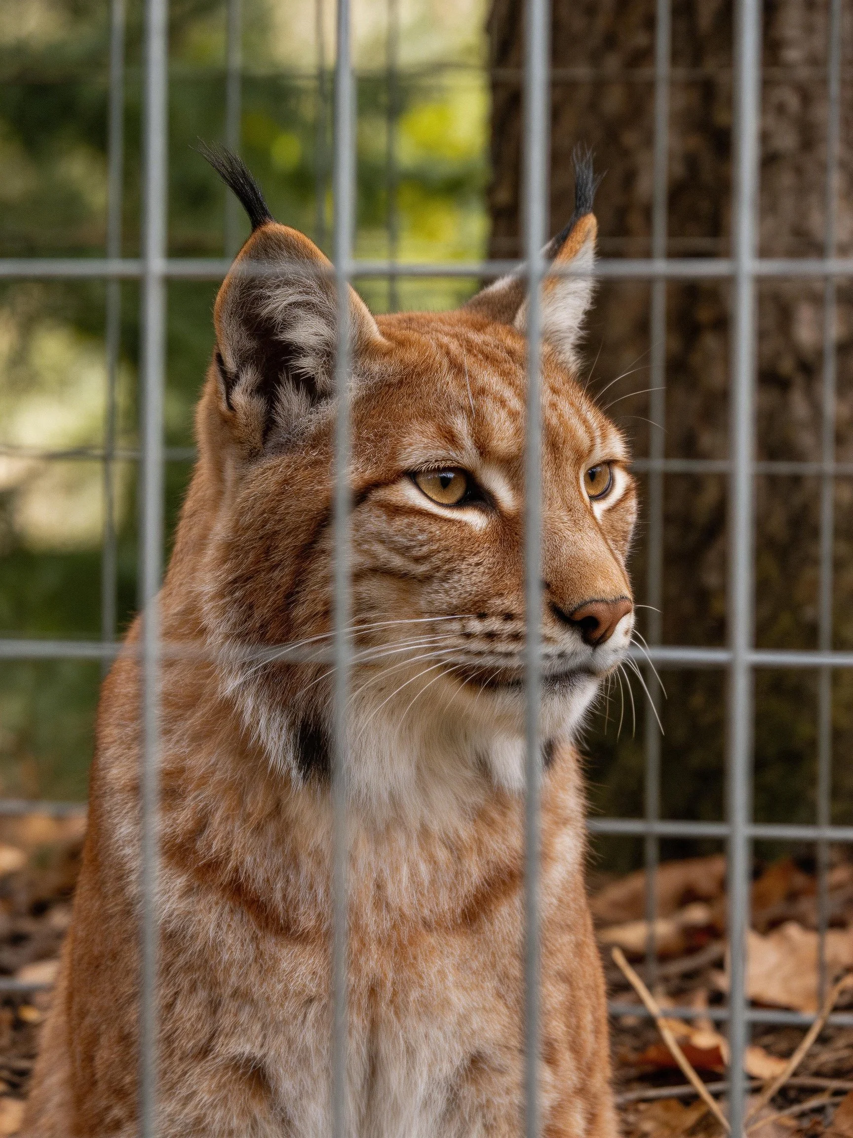 A brown lynx with tufted ears behind a metal grid enclosure