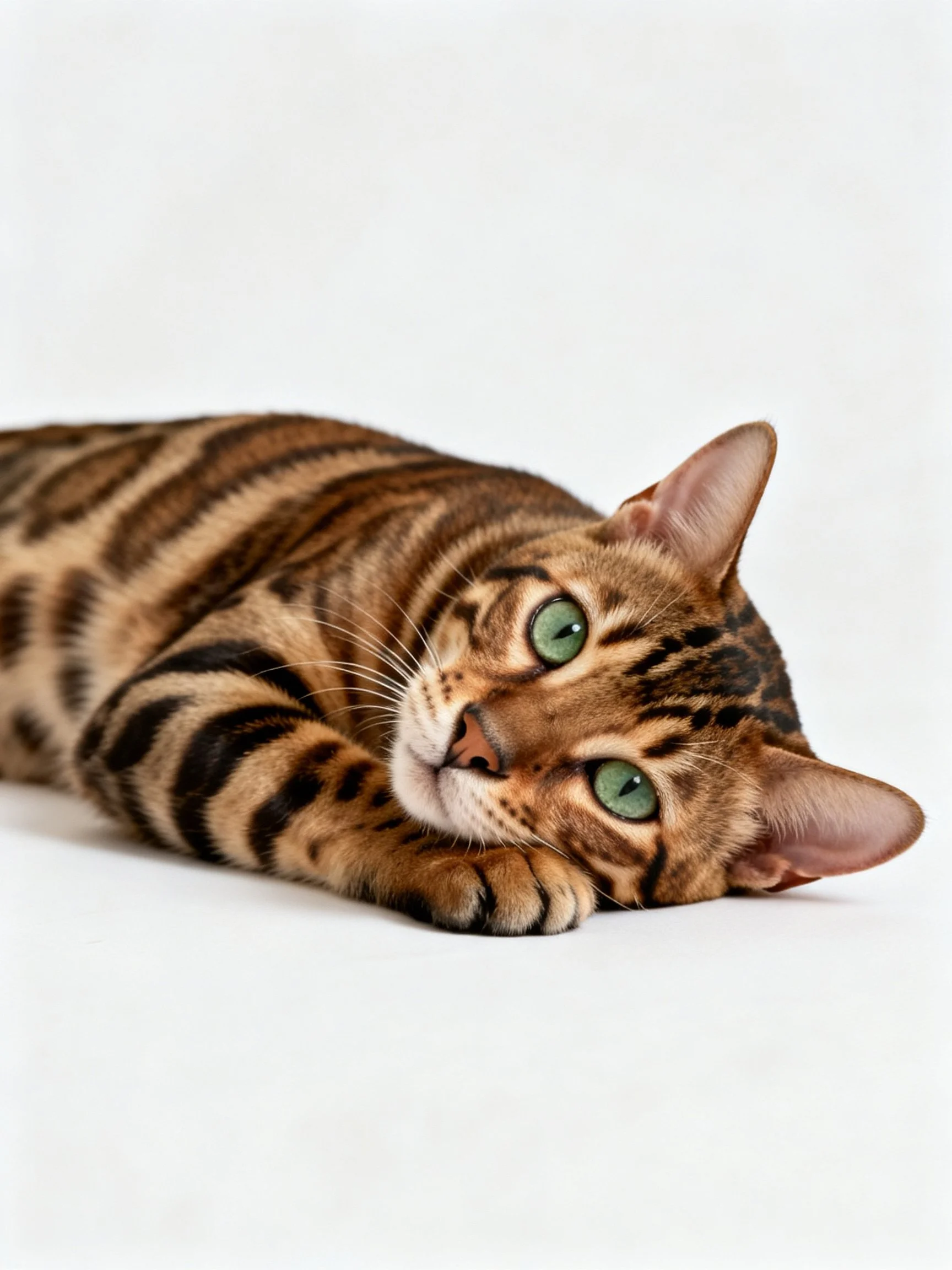 A Bengal cat with green eyes reclines on a white surface