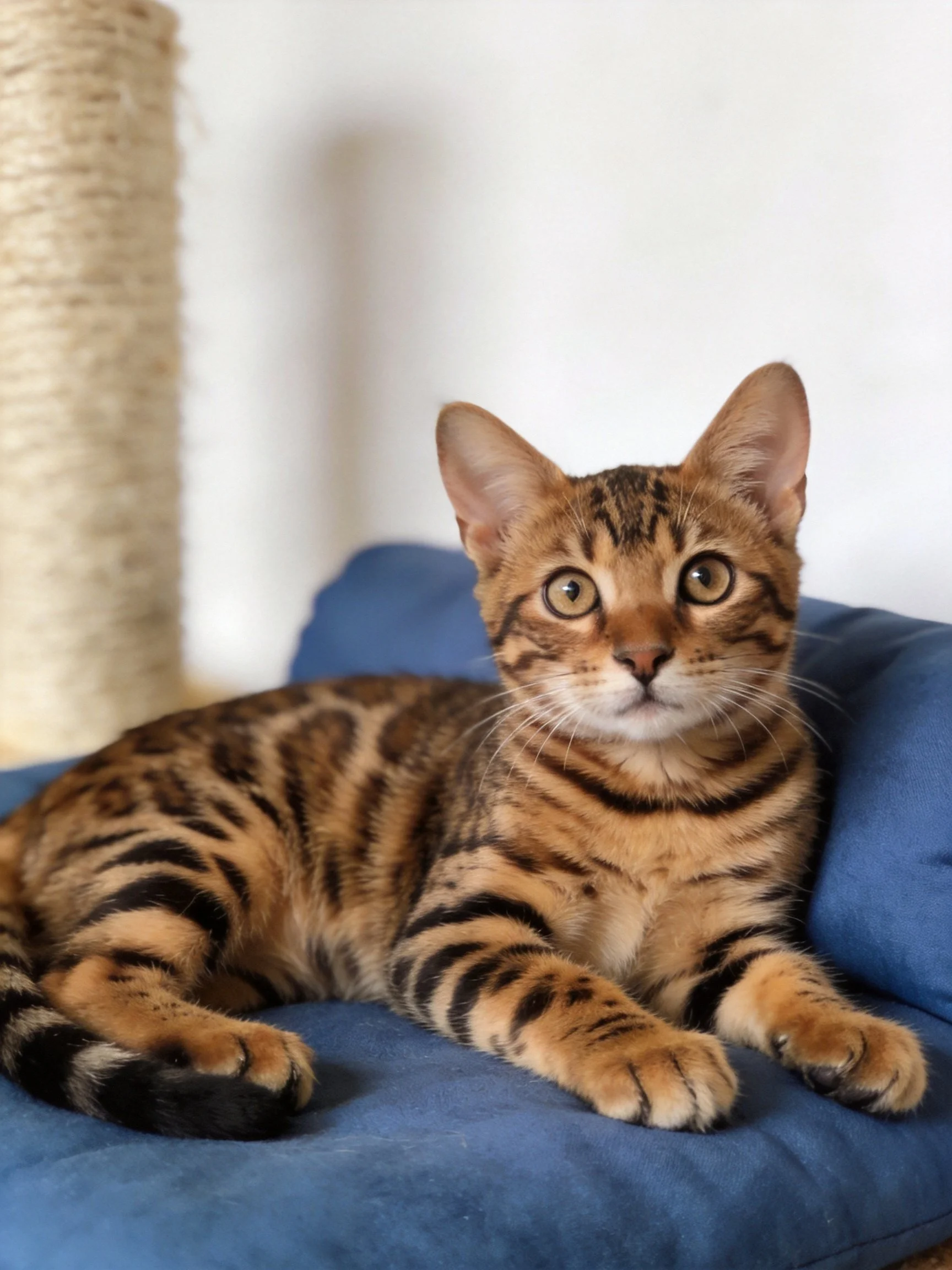 A brown-spotted Bengal kitten sits calmly on a blue cushion with a scratching post nearby.