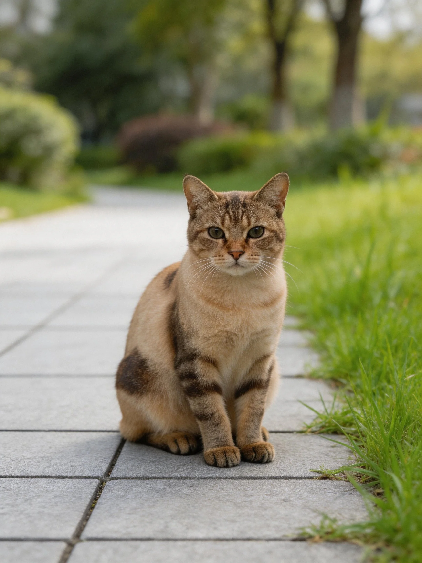 A brown-spotted cat sits calmly on a stone pathway beside green grass.