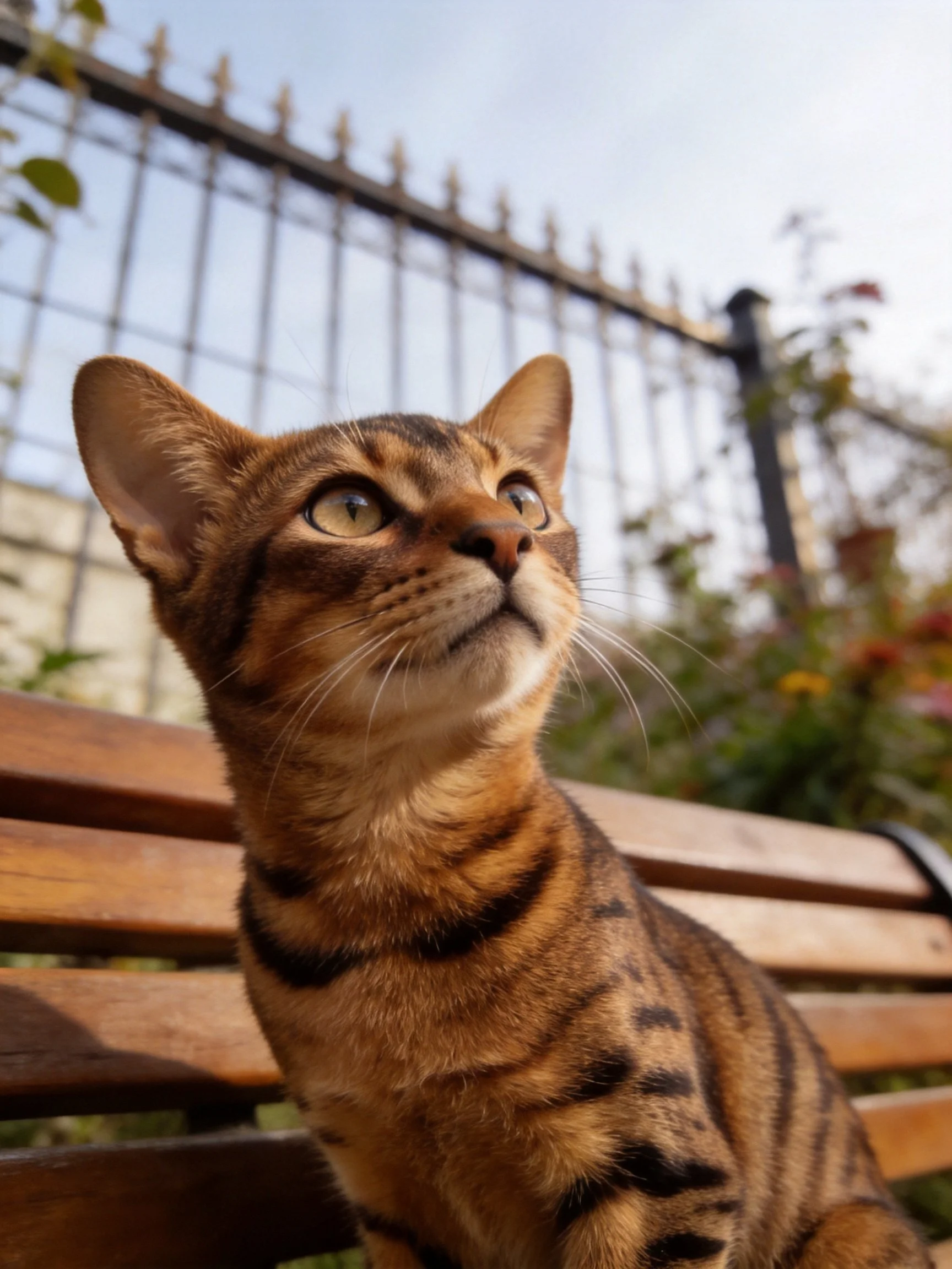 A brown-spotted cat sits on a wooden bench outdoors with a fence and plants nearby.