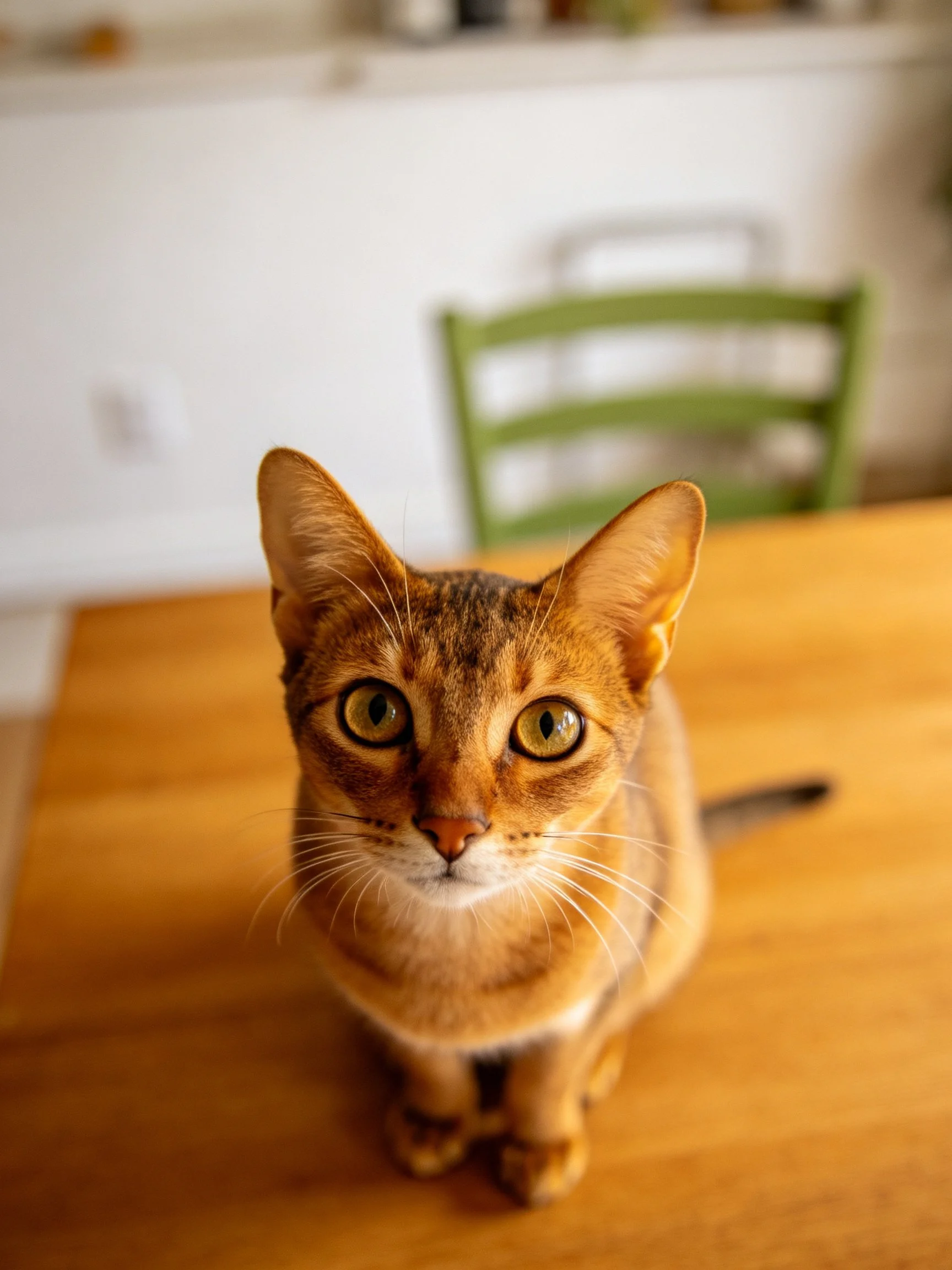 An Abyssinian cat sits on a wooden table with a green chair in the background.
