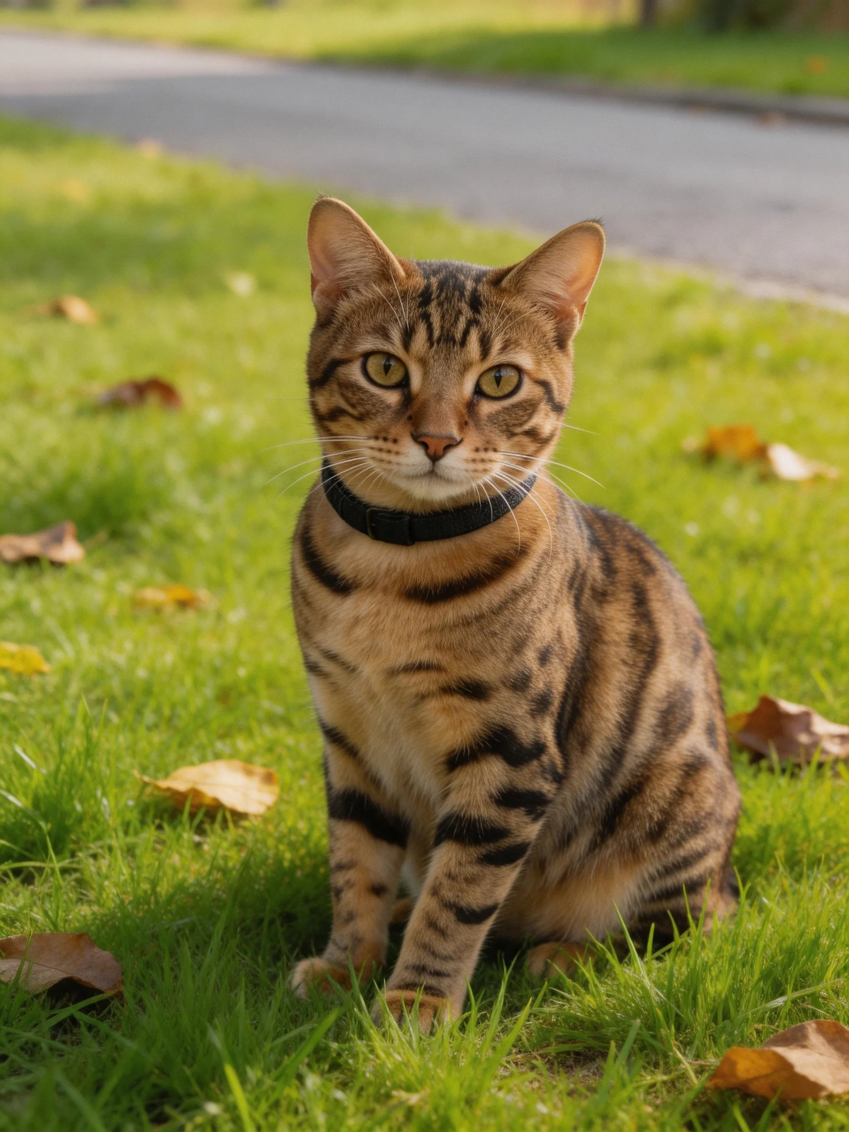 A brown-spotted cat with a black collar sits on green grass near a paved road.