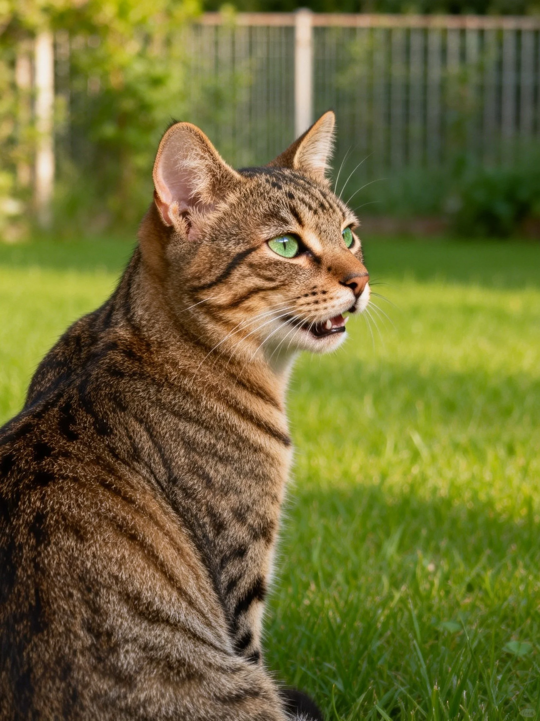A brown-spotted tabby cat with bright green eyes sits on green grass near a fence.