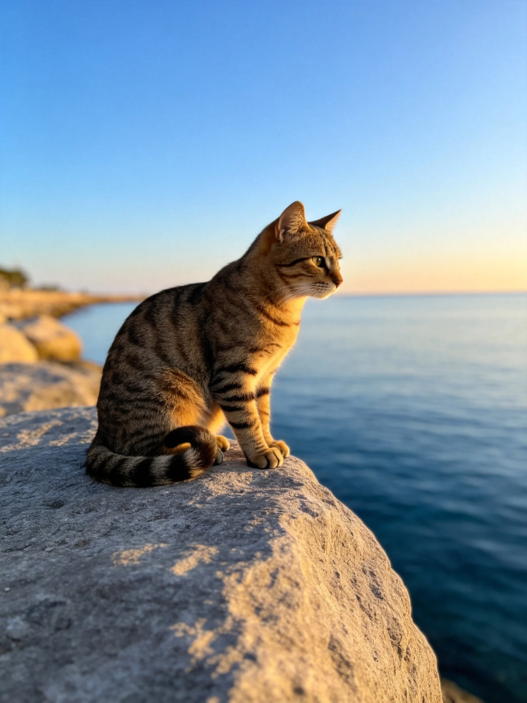 A brown-striped cat sits on a rocky ledge overlooking calm ocean waters.