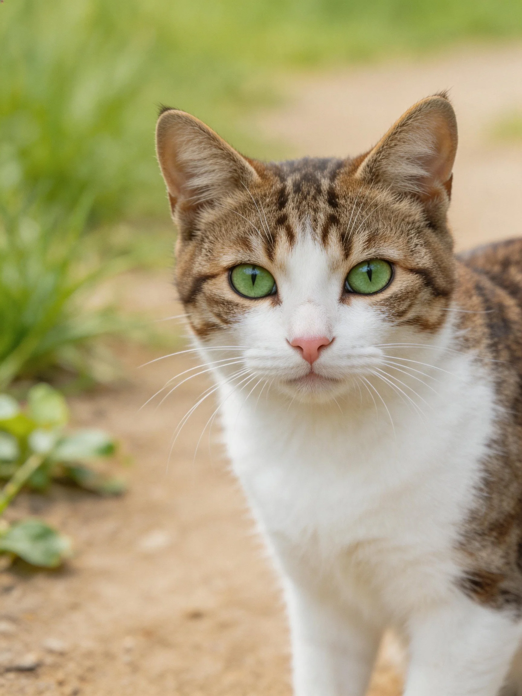 A brown-tabby and white cat with green eyes outdoors