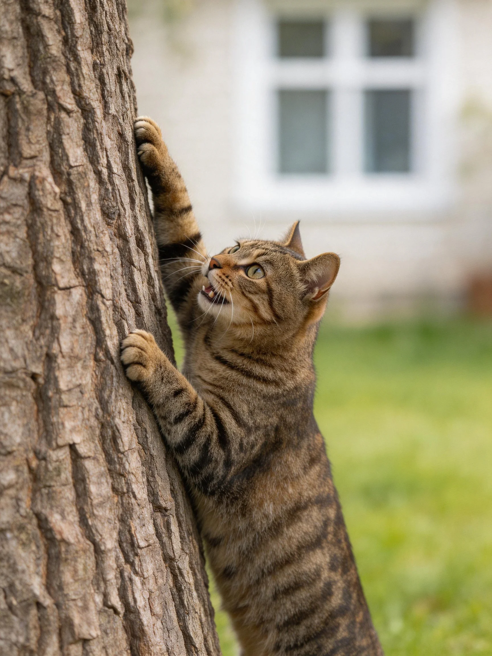 A brown tabby cat climbs a rough-textured tree trunk outdoors