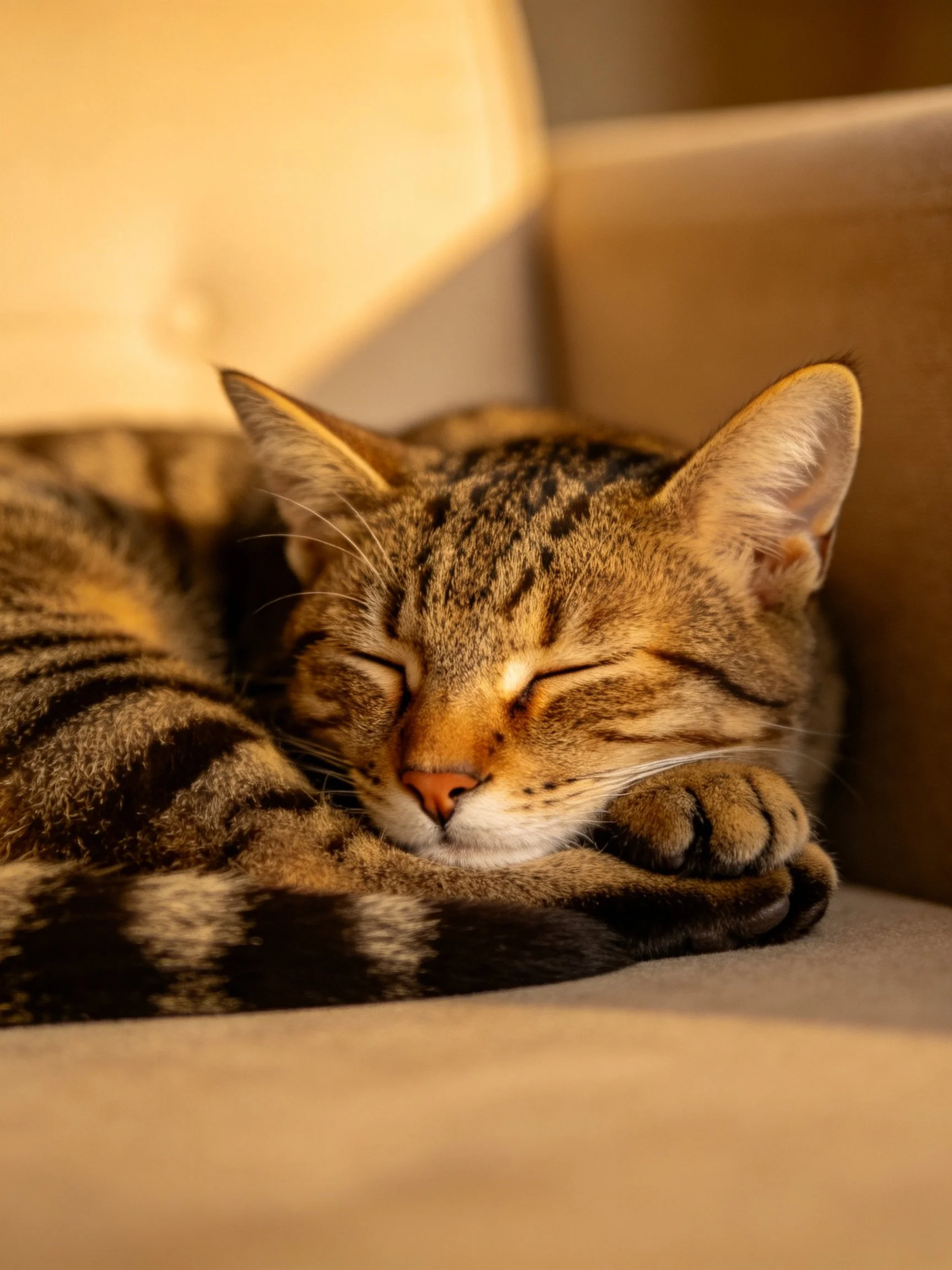 A brown tabby cat curled up sleeping on a cushion