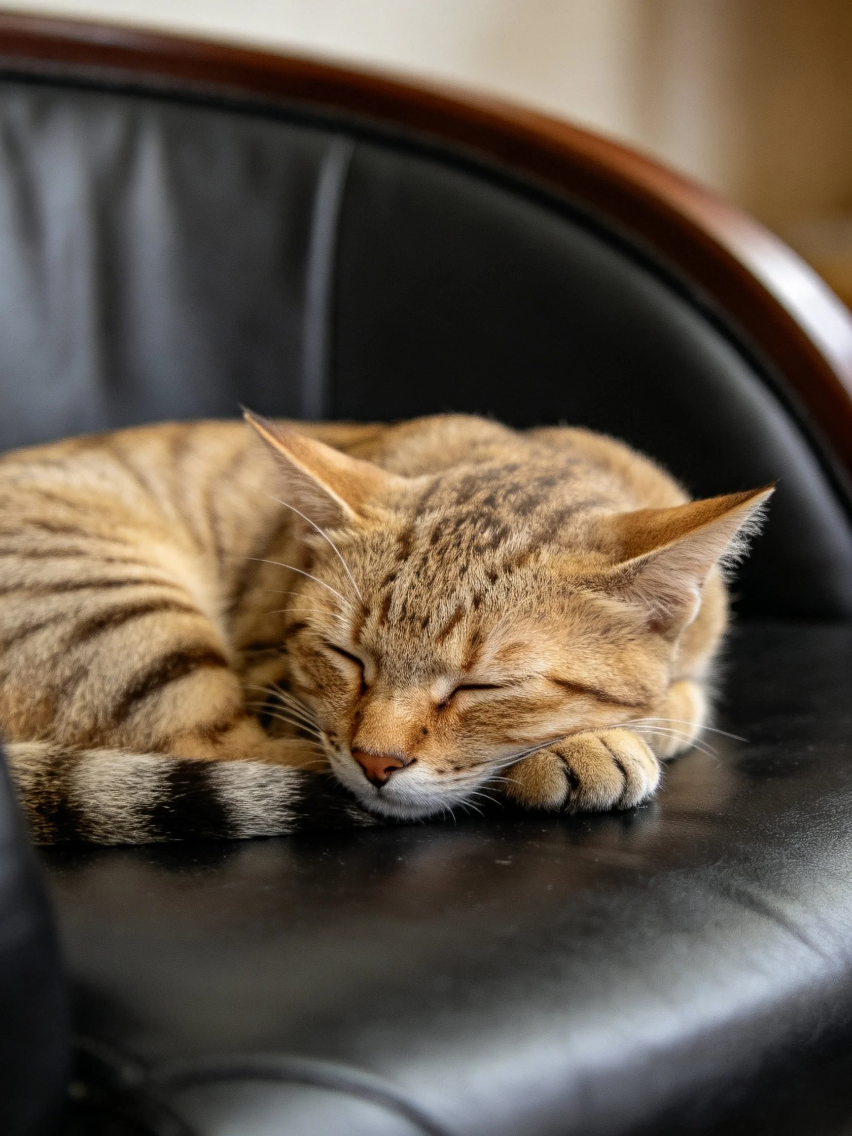 A brown tabby cat curls up asleep on a black leather chair
