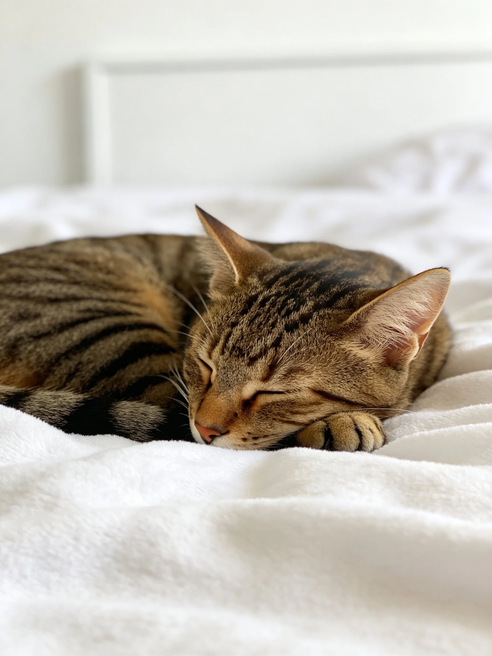 A brown tabby cat curls up asleep on white bed sheets