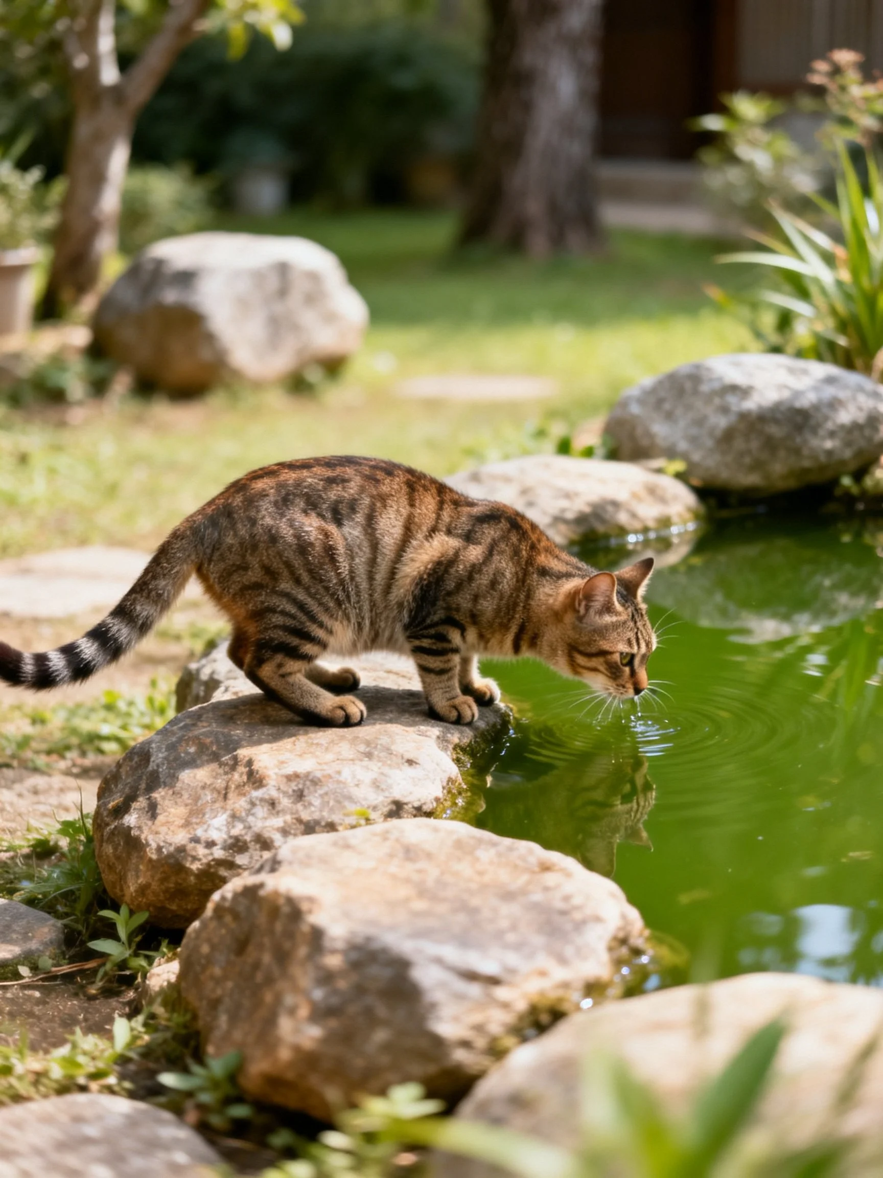 A brown tabby cat drinks from a green pond by large stones
