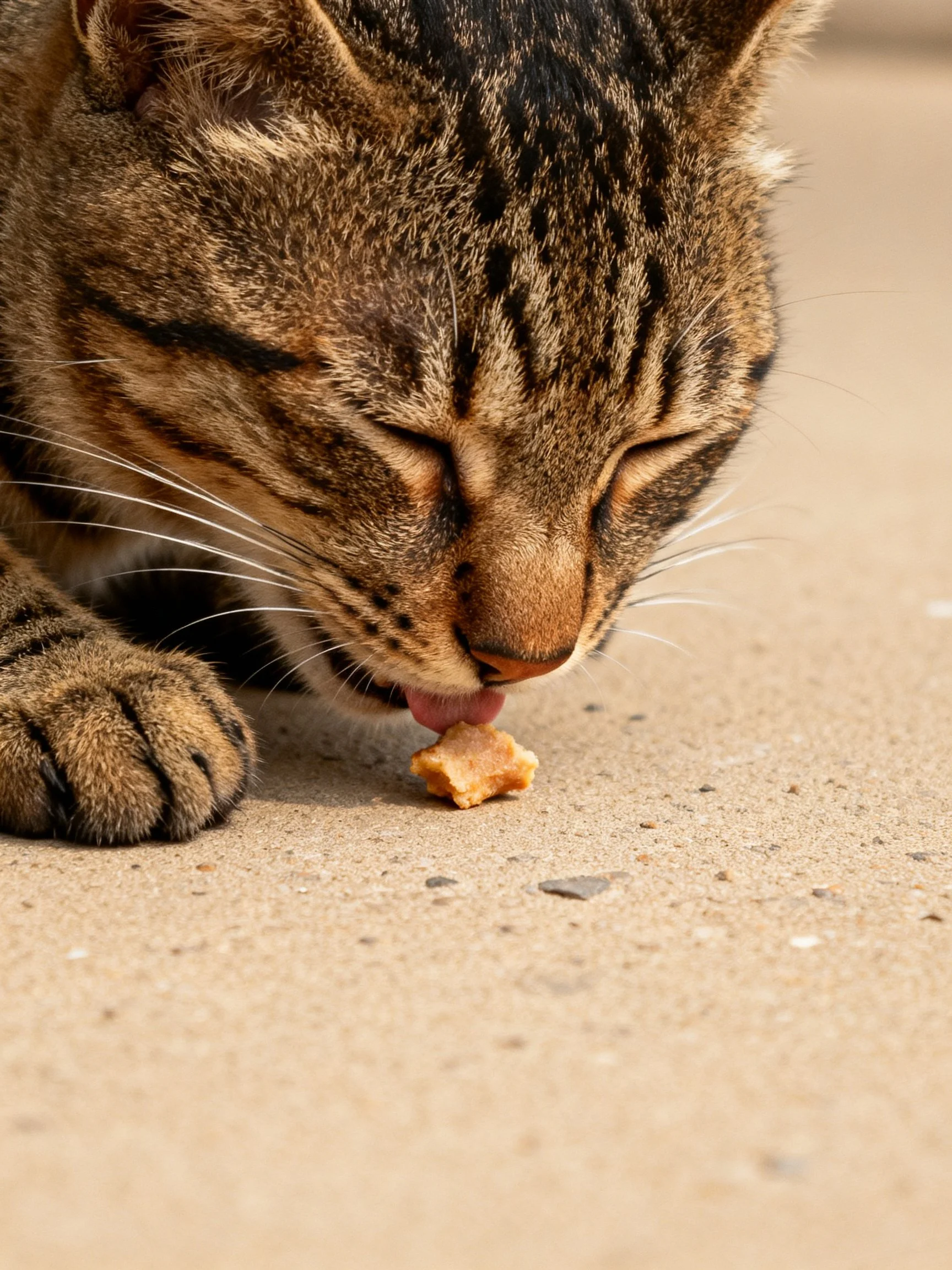 A brown tabby cat eats a treat on a concrete surface