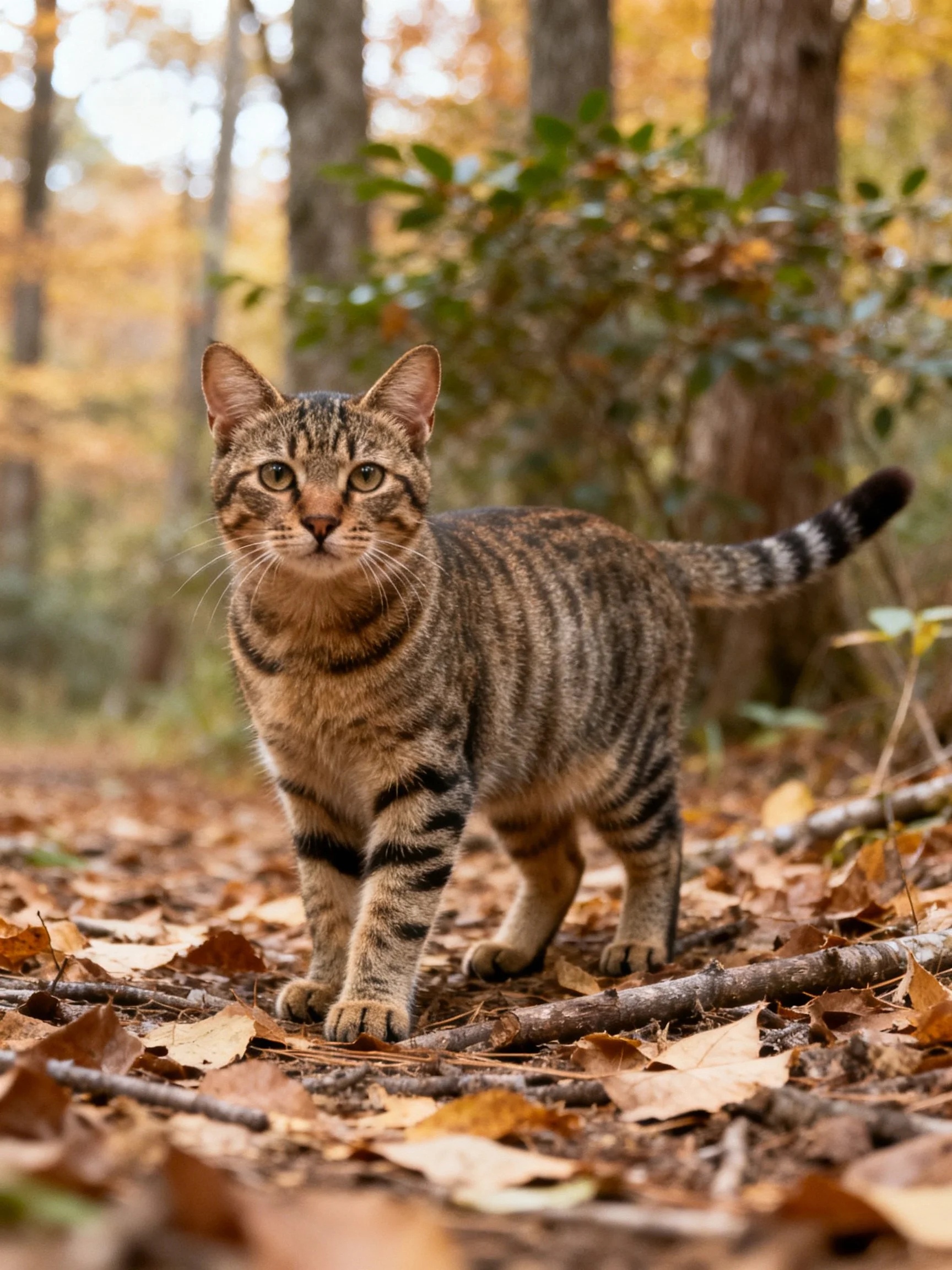 A brown tabby cat exploring a leaf-covered forest trail