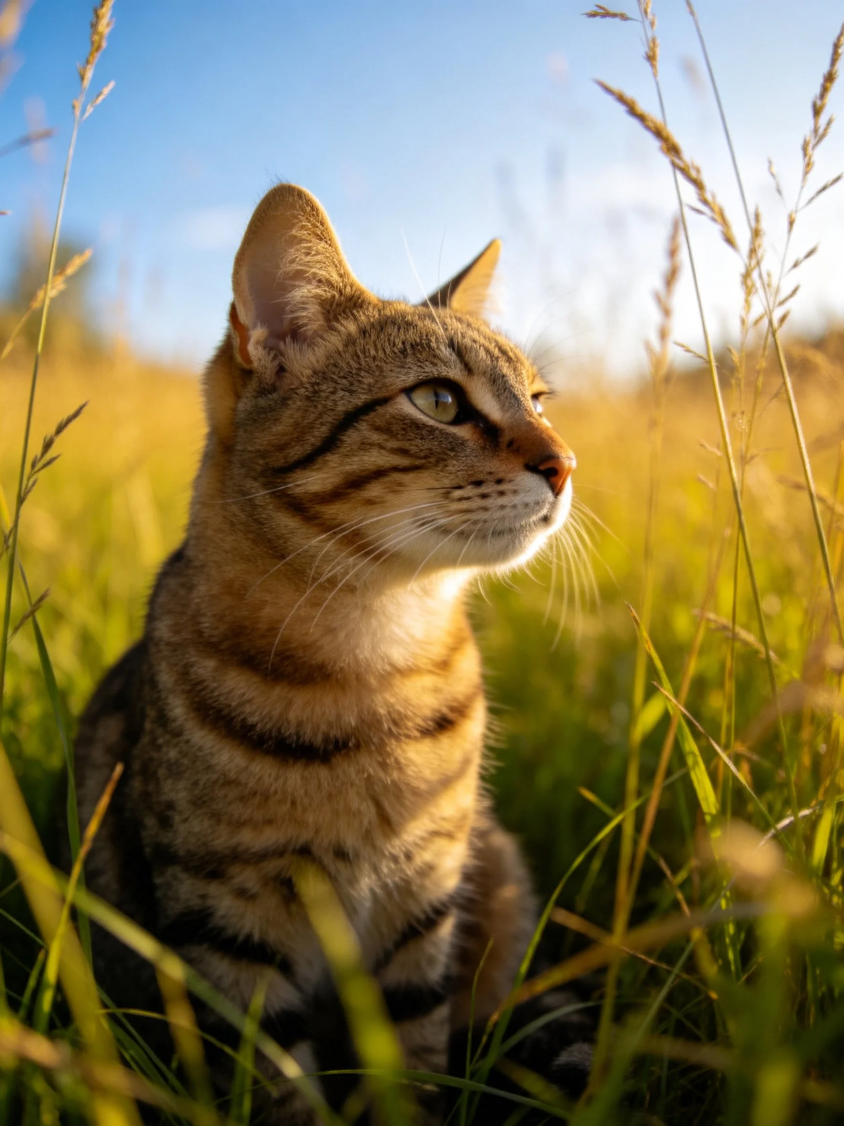 A brown tabby cat in golden grass under clear blue sky