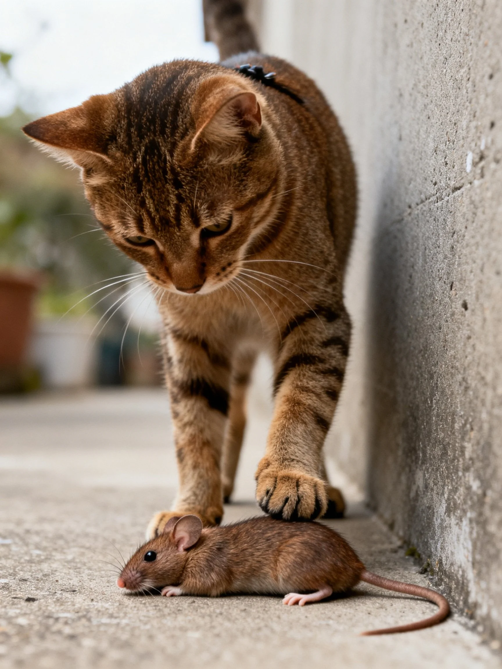 A brown tabby cat interacts with a small brown mouse near a concrete wall