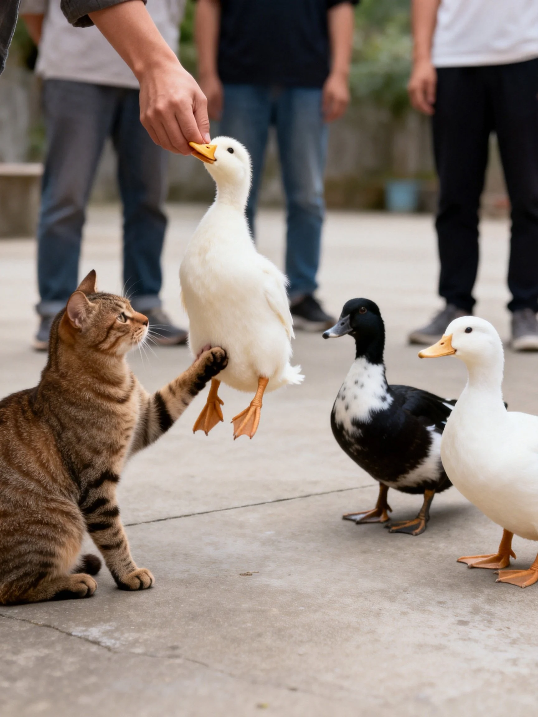 A brown tabby cat interacts with ducks while people observe