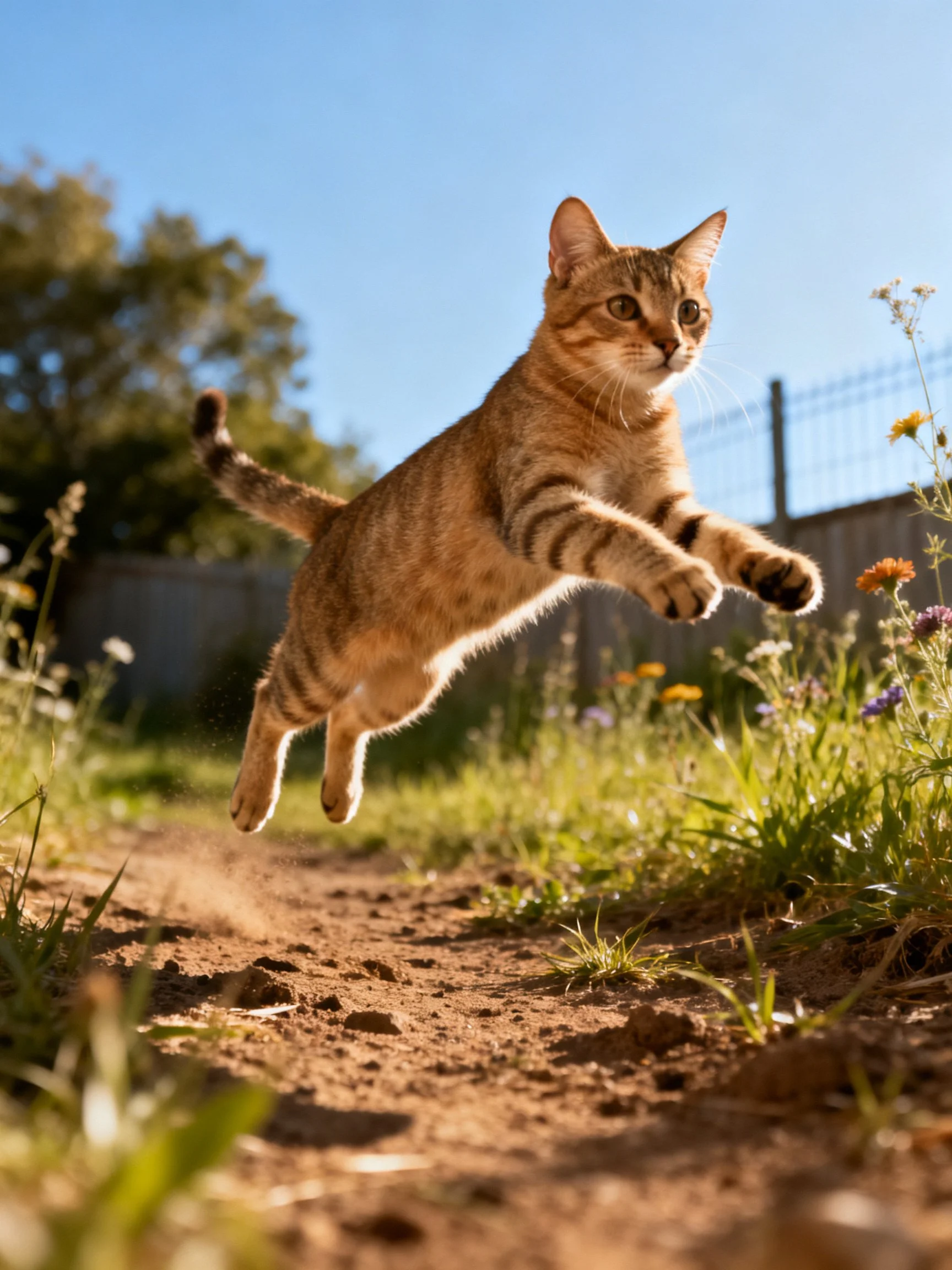 A brown tabby cat leaps mid-air over a dirt path