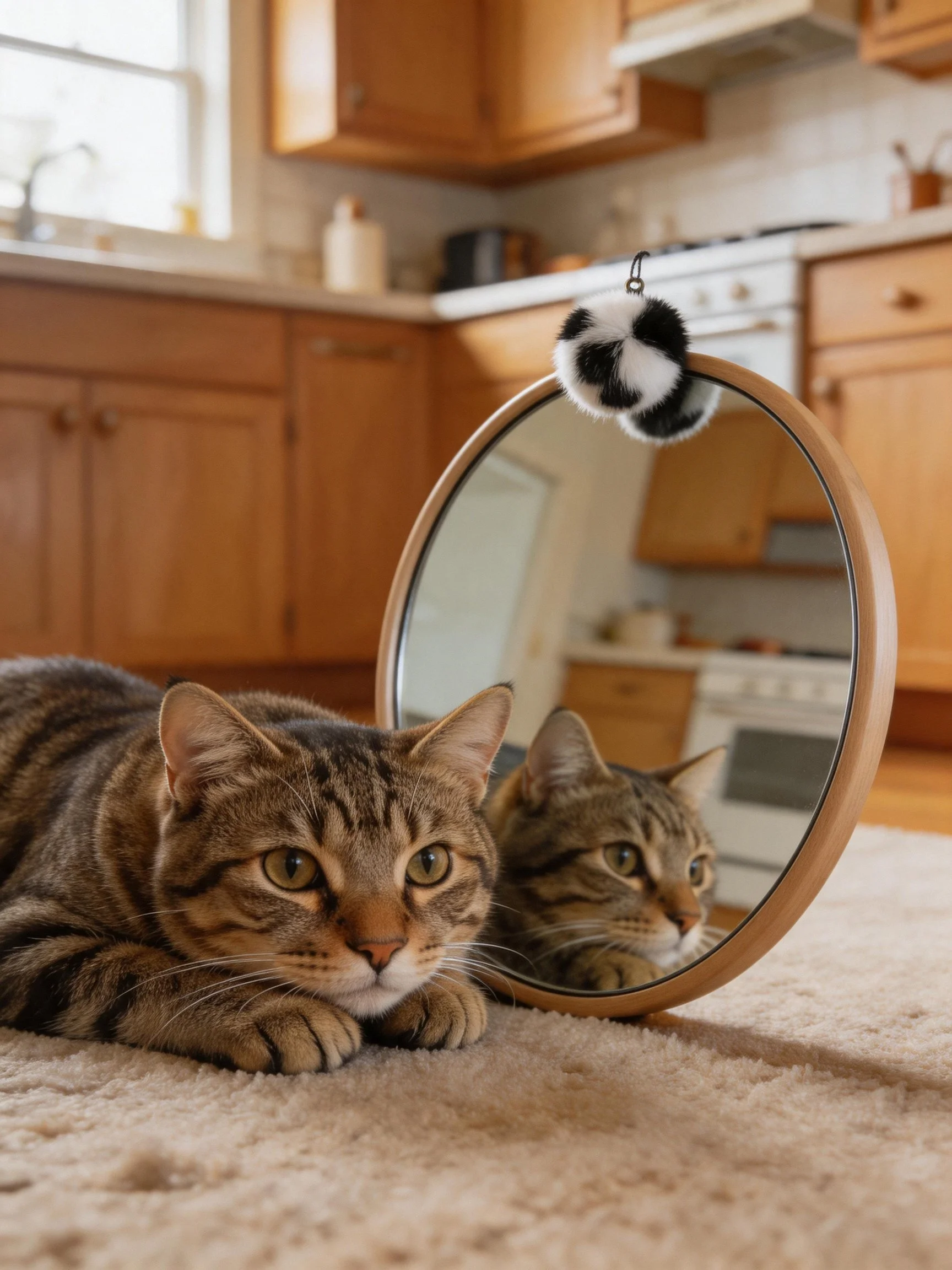 A brown tabby cat lies beside a round mirror in a cozy kitchen