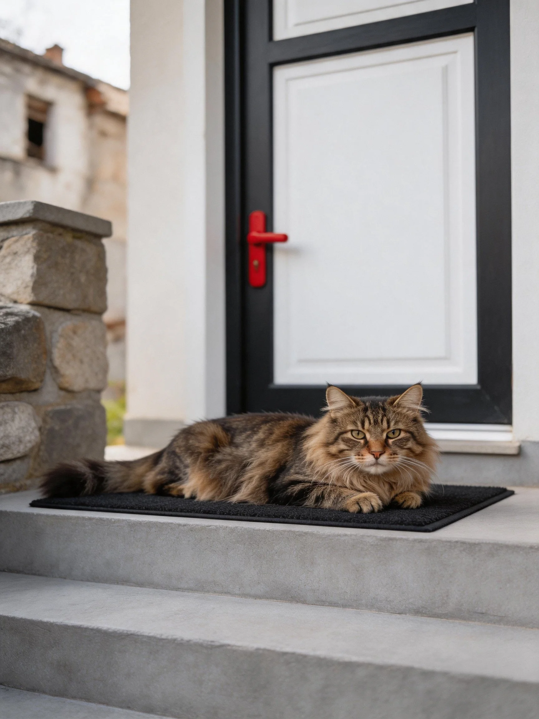 A brown tabby cat lies on a black doormat near a white door