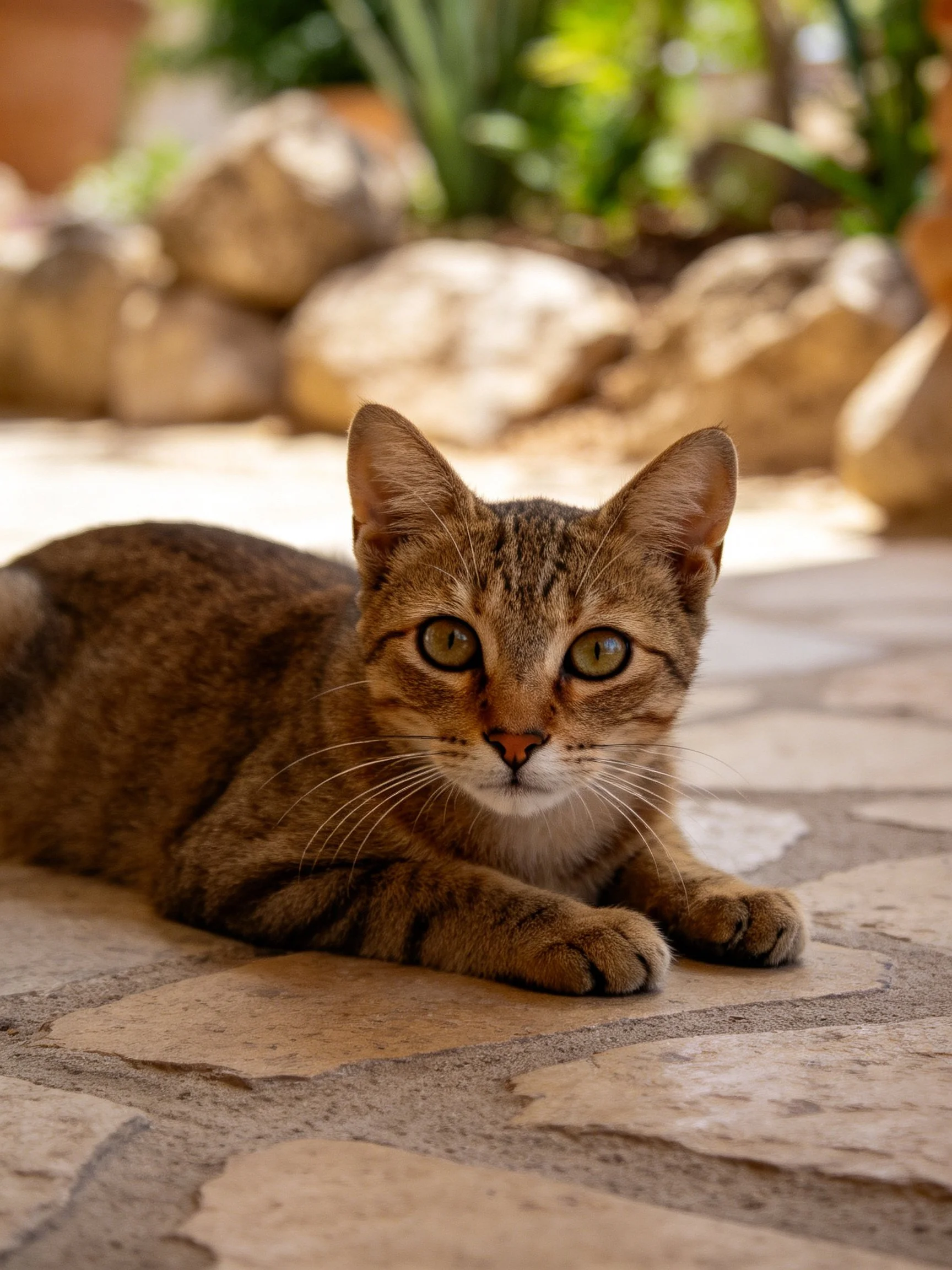 A brown tabby cat lies on a stone patio near rocks and greenery