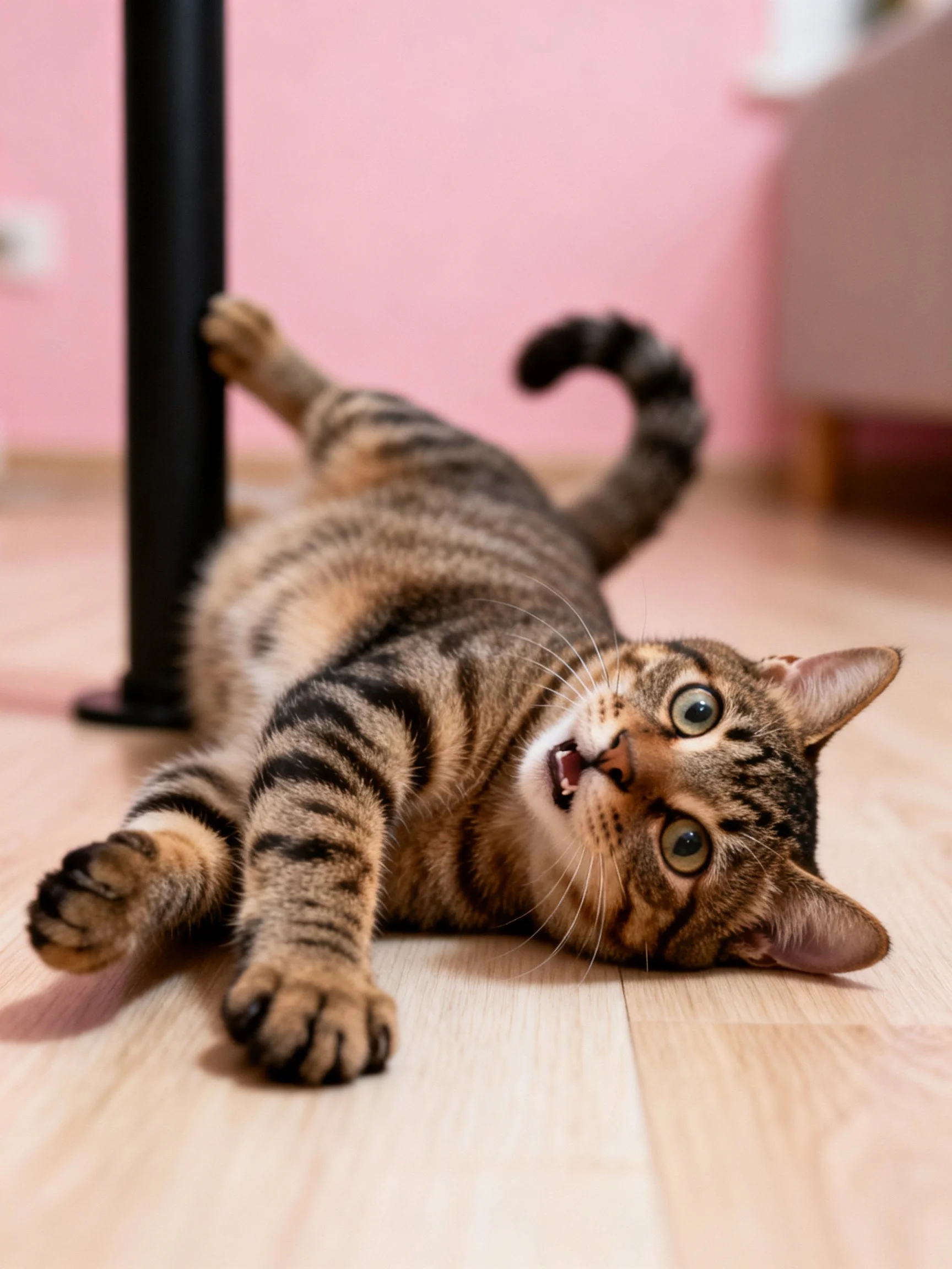 A brown tabby cat lies on a wooden floor by a black pole near a pink wall