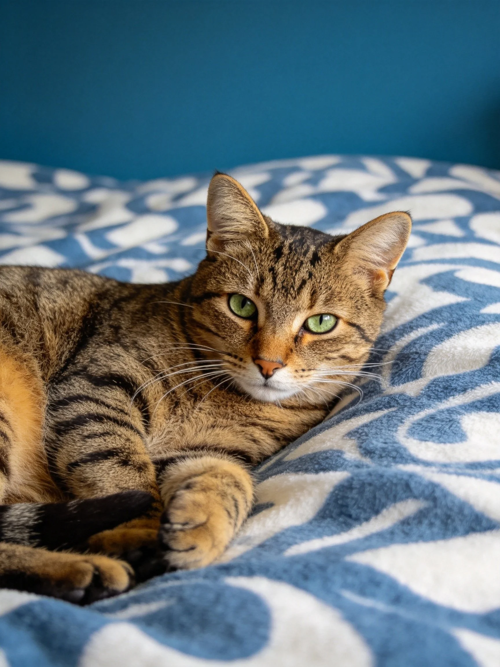A brown tabby cat lounges on a blue-patterned blanket near a teal wall