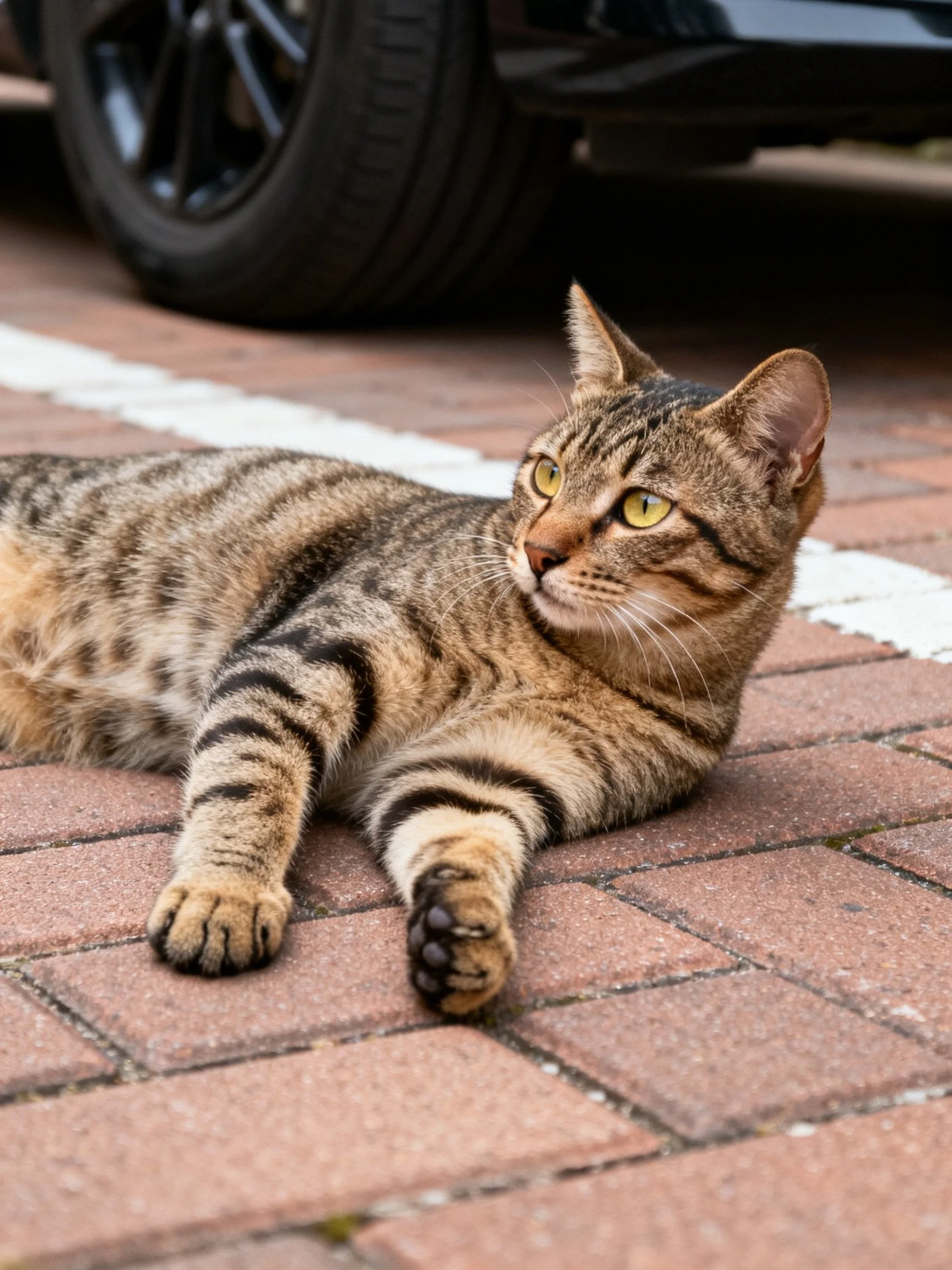 A brown tabby cat lounges on a brick sidewalk near a black car tire