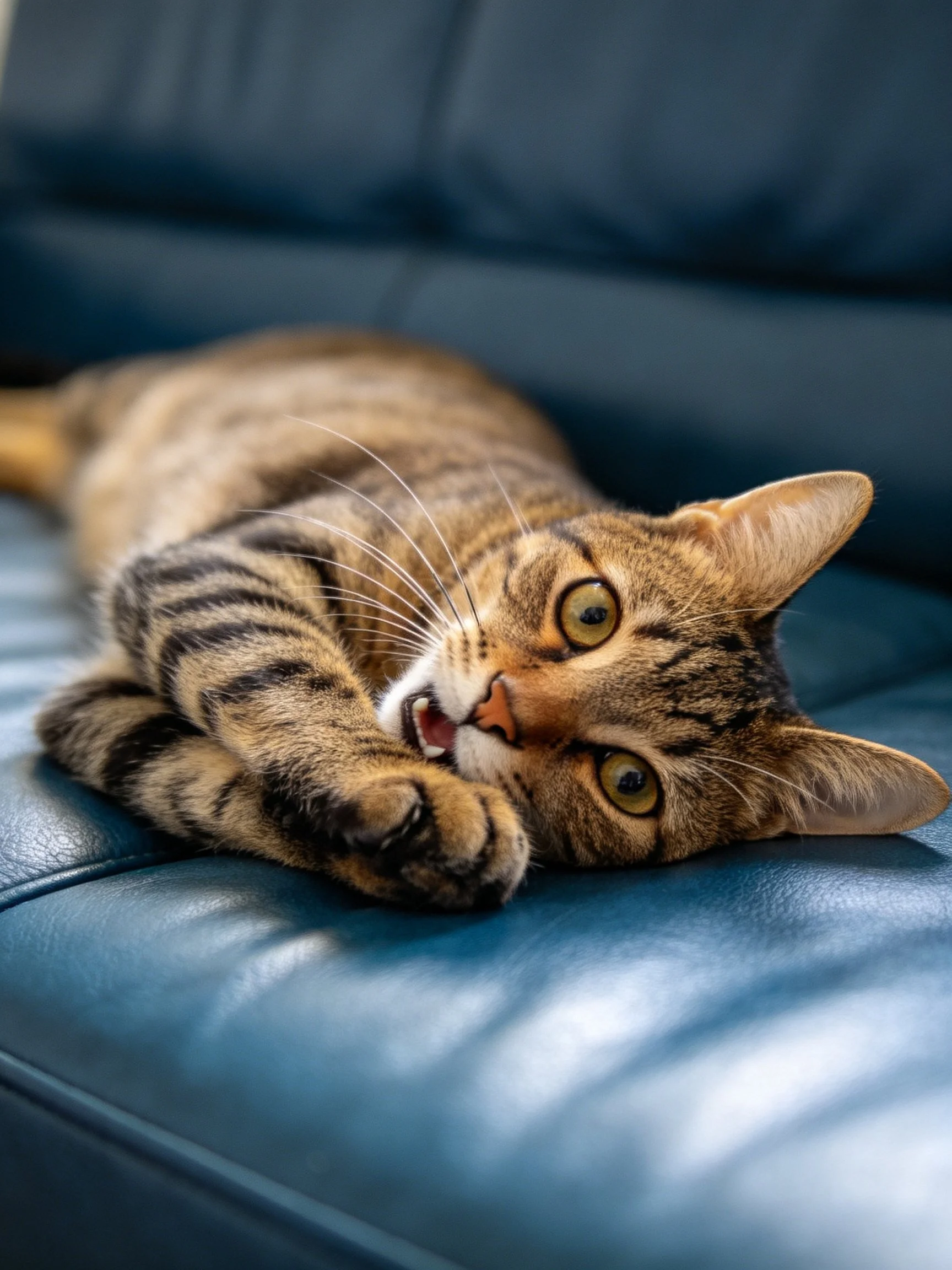 A brown tabby cat lounges on a dark blue leather couch