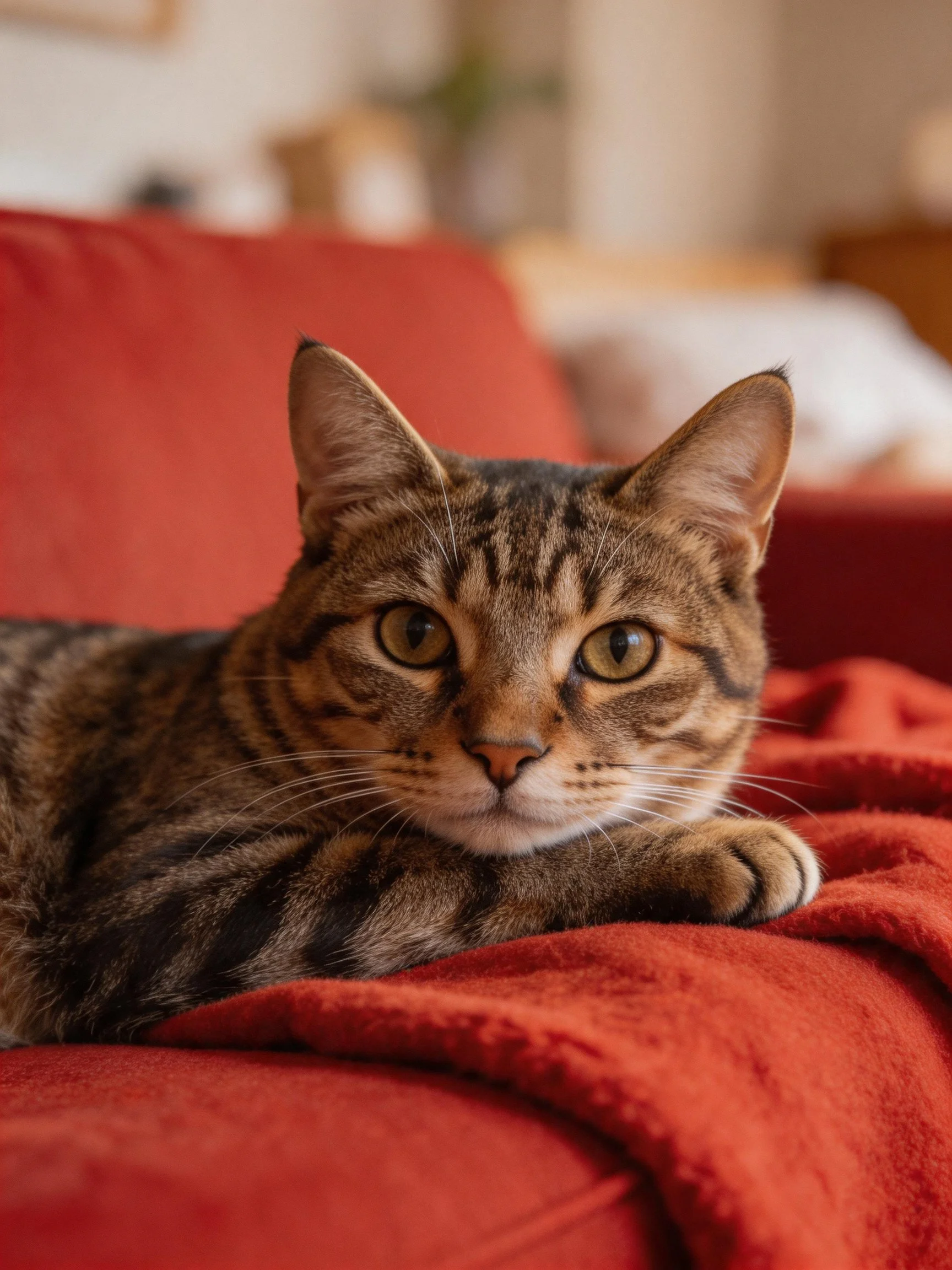 A brown tabby cat lounges on a red fabric surface