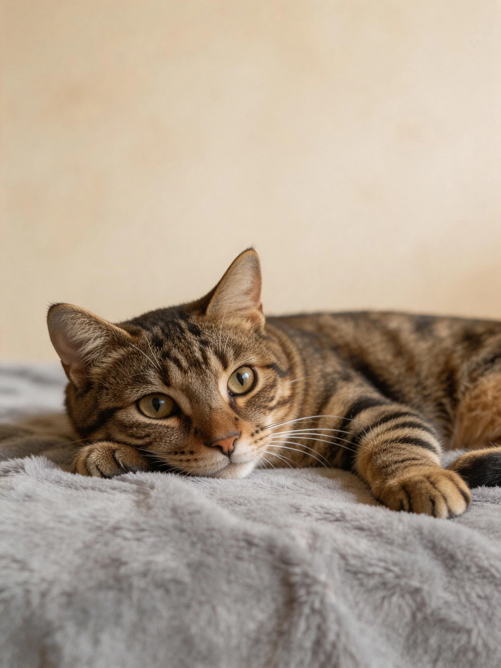 A brown tabby cat lounges on a soft gray blanket