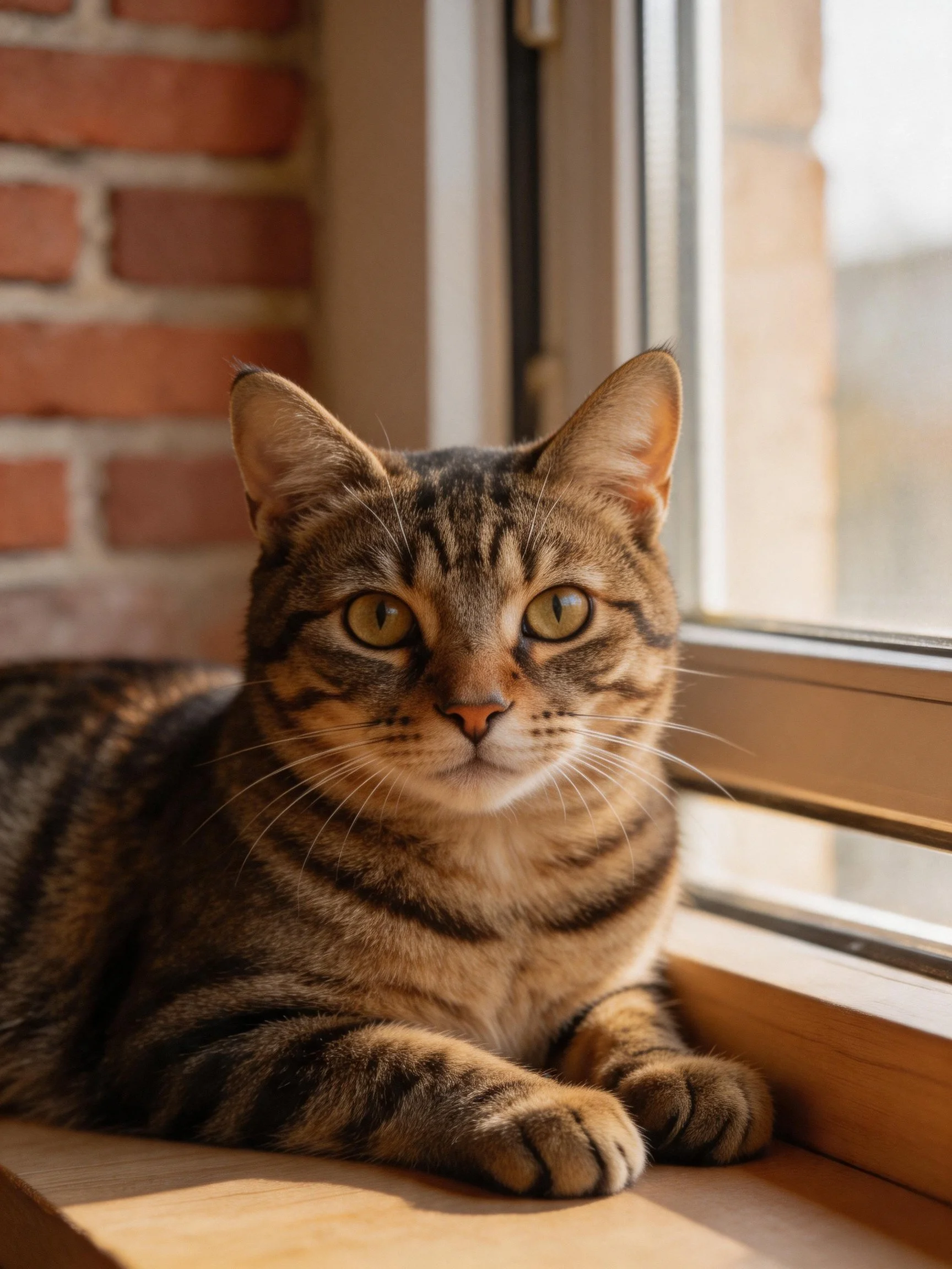 A brown tabby cat lounges on a sunlit wooden windowsill beside a brick wall