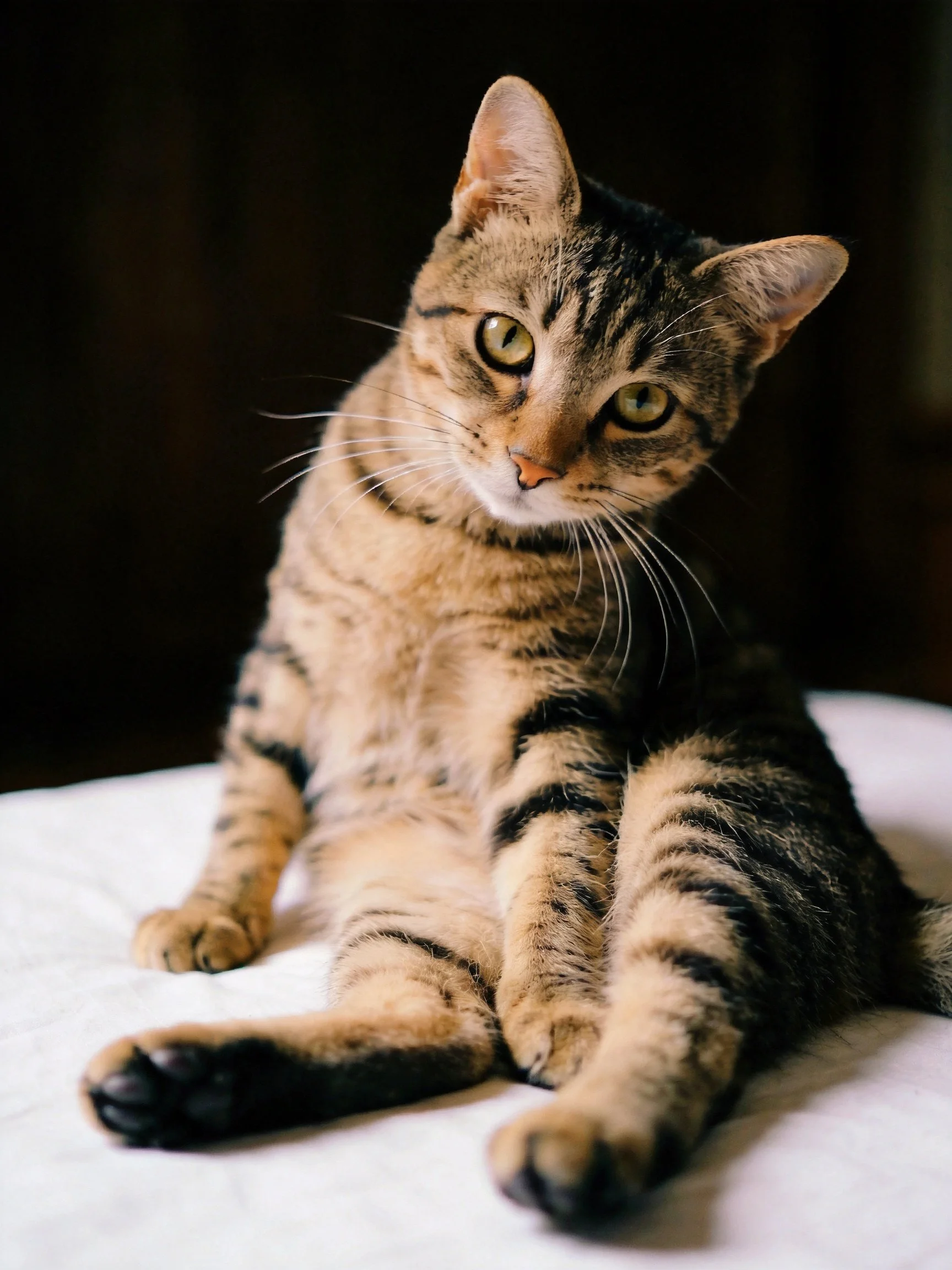 A brown tabby cat lounges on a white fabric surface