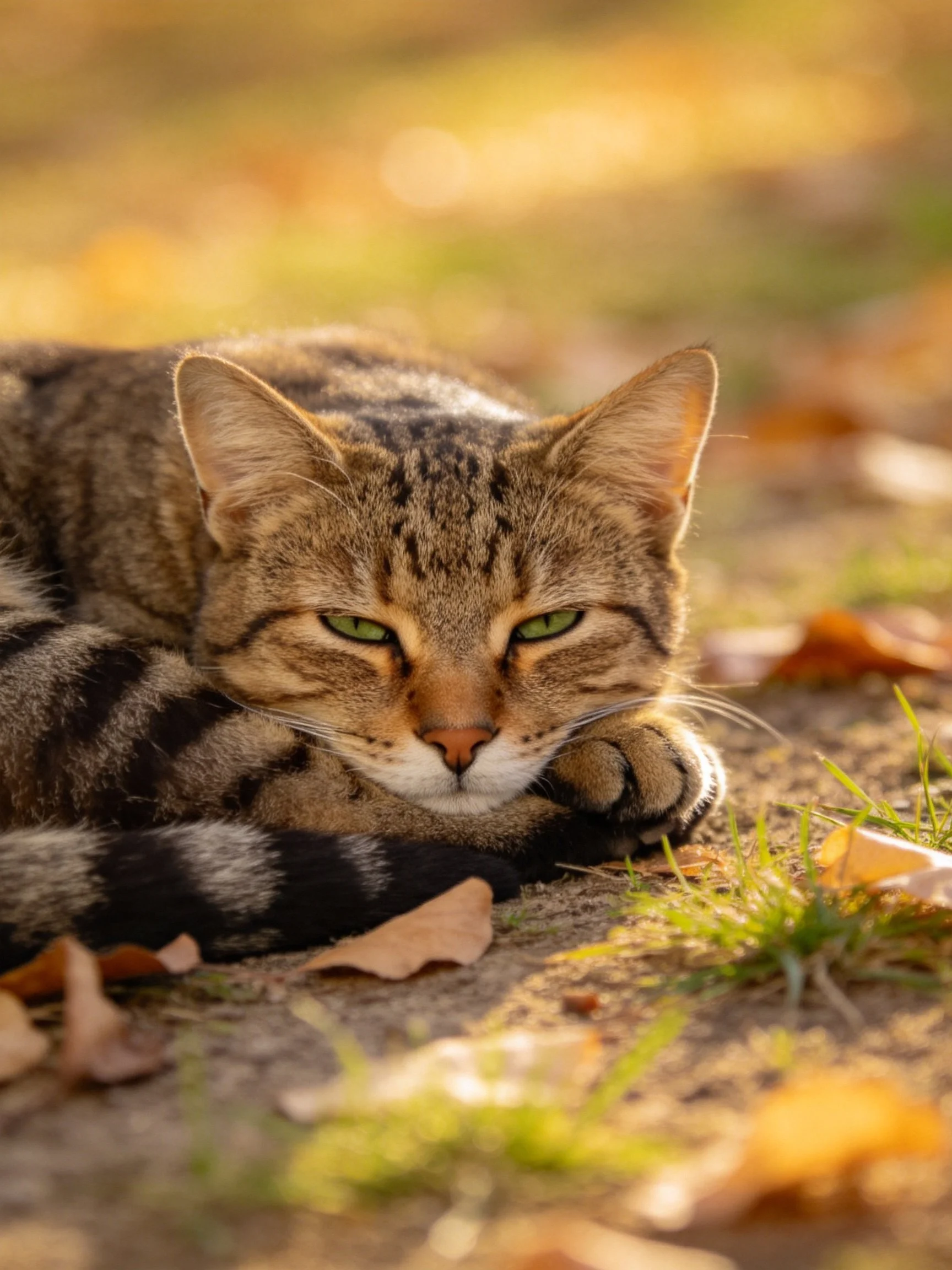 A brown tabby cat lounging among fallen leaves and grass