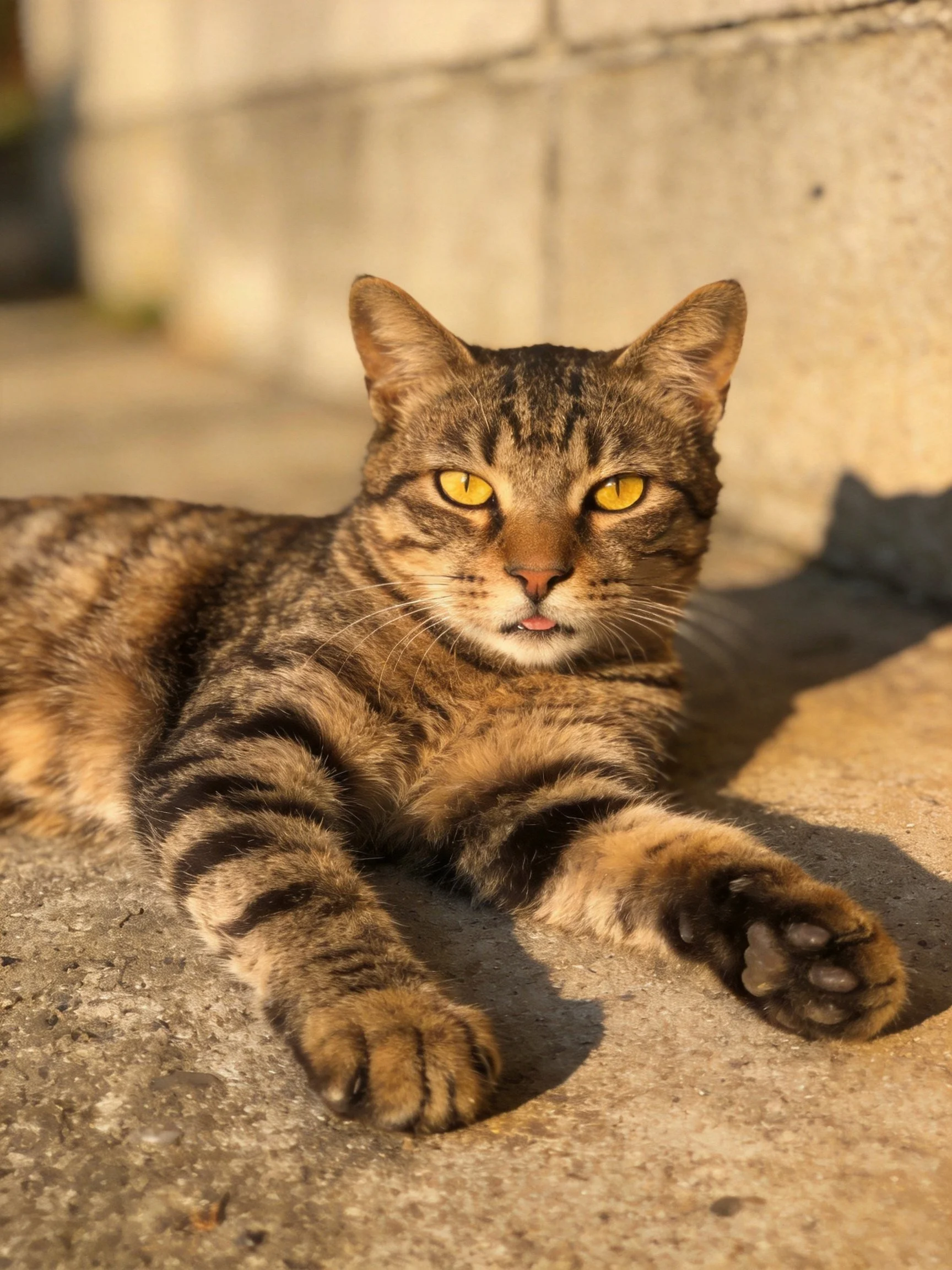 A brown tabby cat lounging on a concrete surfacenear a stone wall