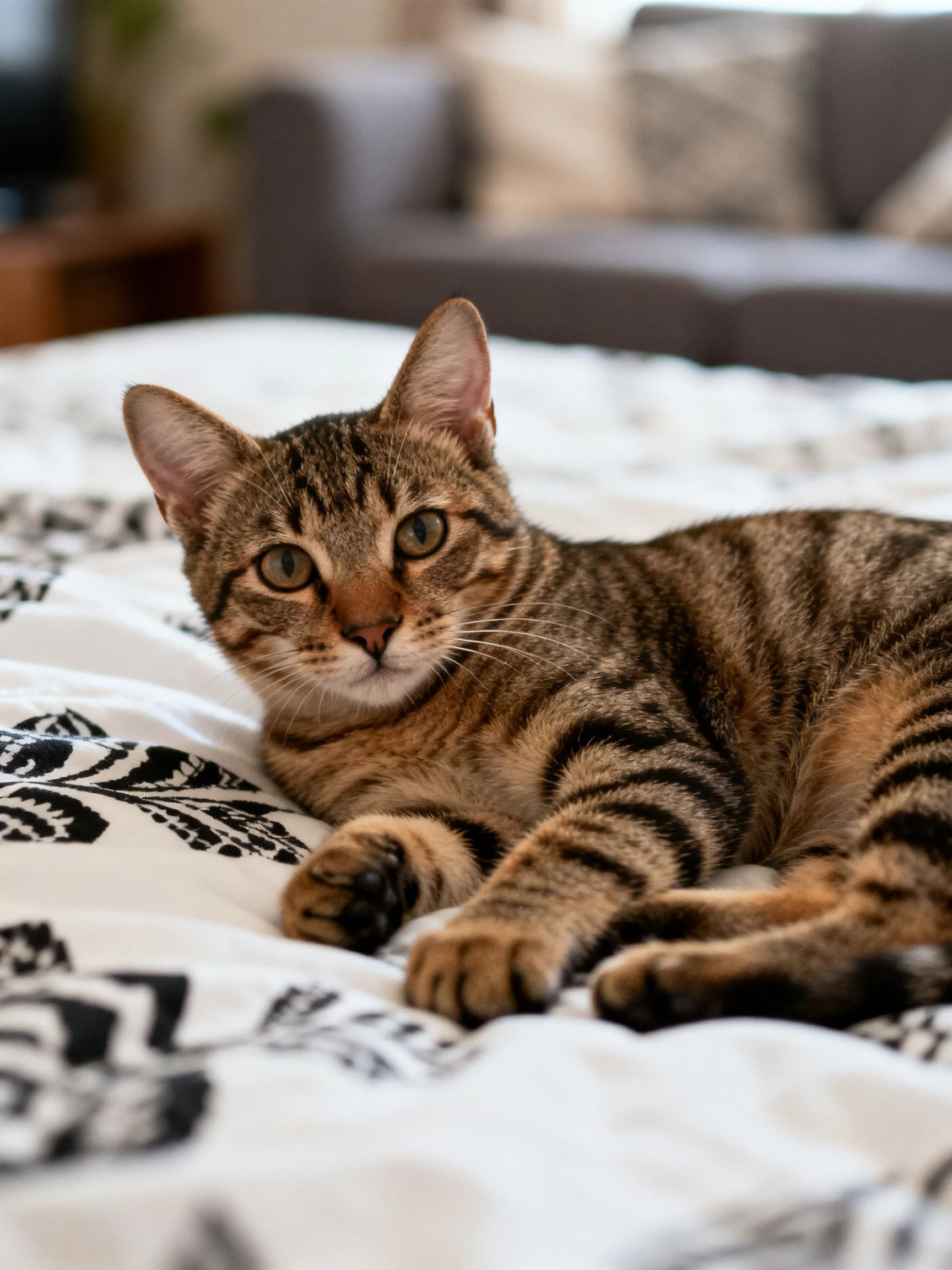 A brown tabby cat lounging on a white patterned bedspread