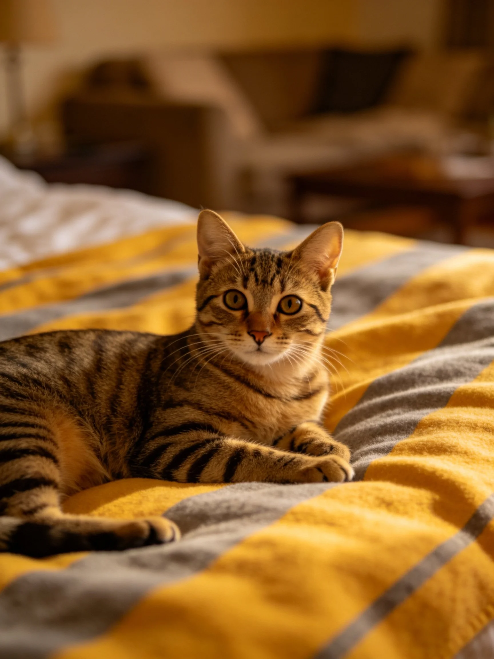 A brown tabby cat lounging on a yellow-gray striped bedspread indoors