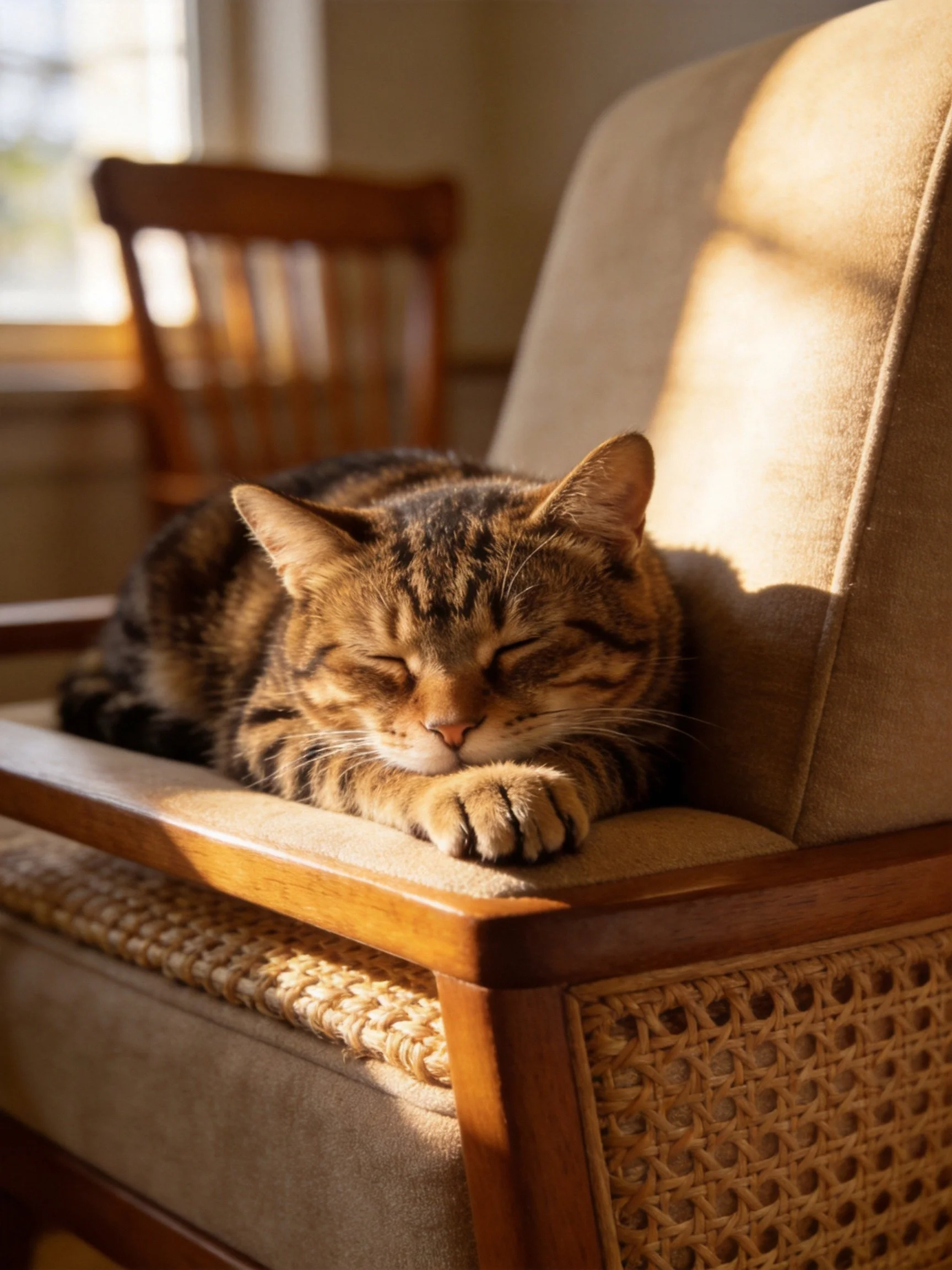A brown tabby cat napping on a cushioned wooden chair in warm sunlight