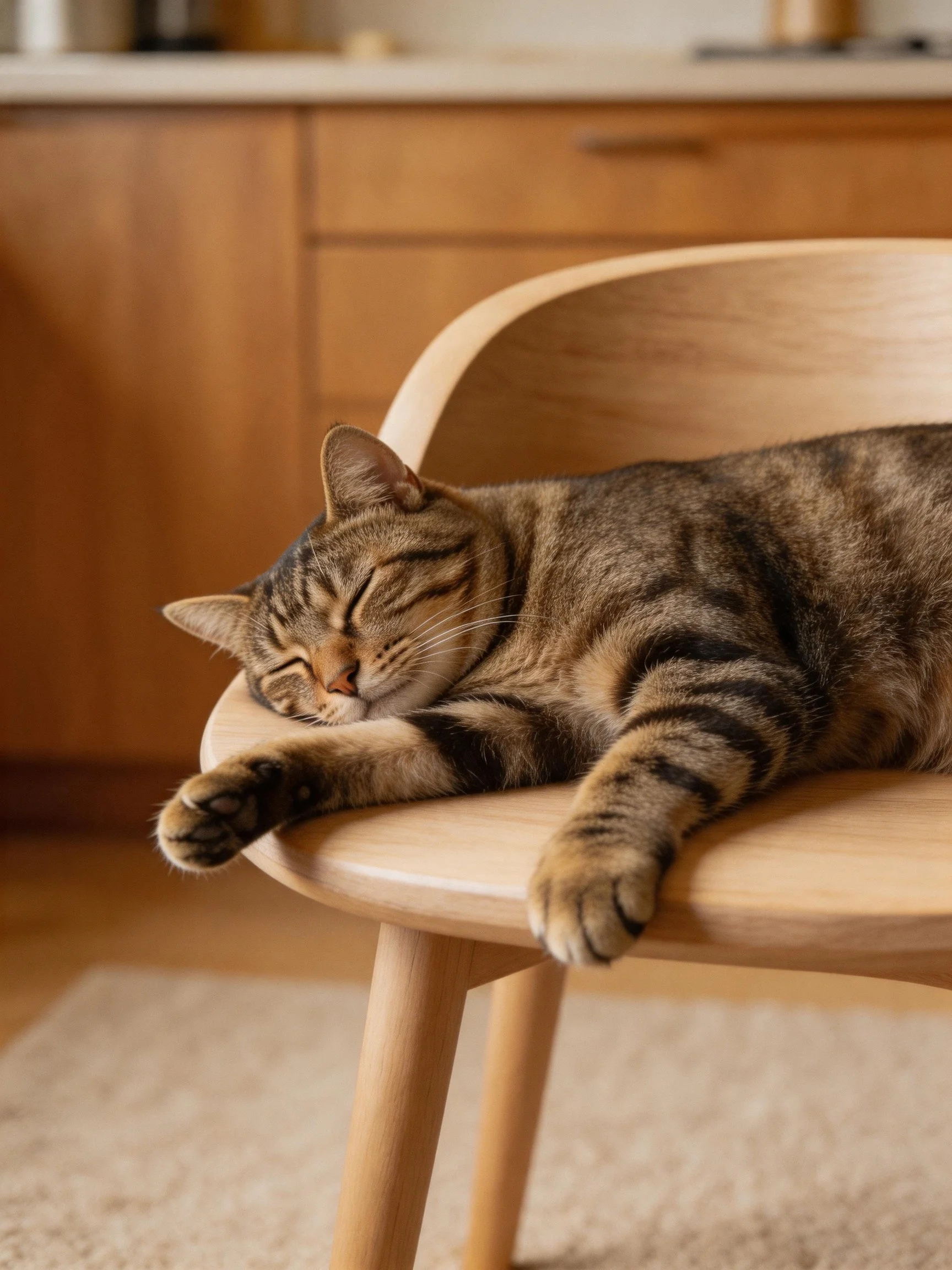 A brown tabby cat napping on a light wooden chair in a cozy room