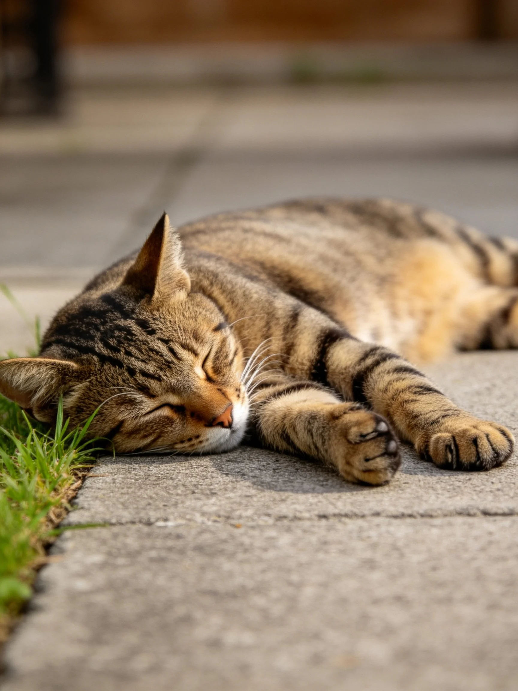 A brown tabby cat napping on a stonepath near green grass